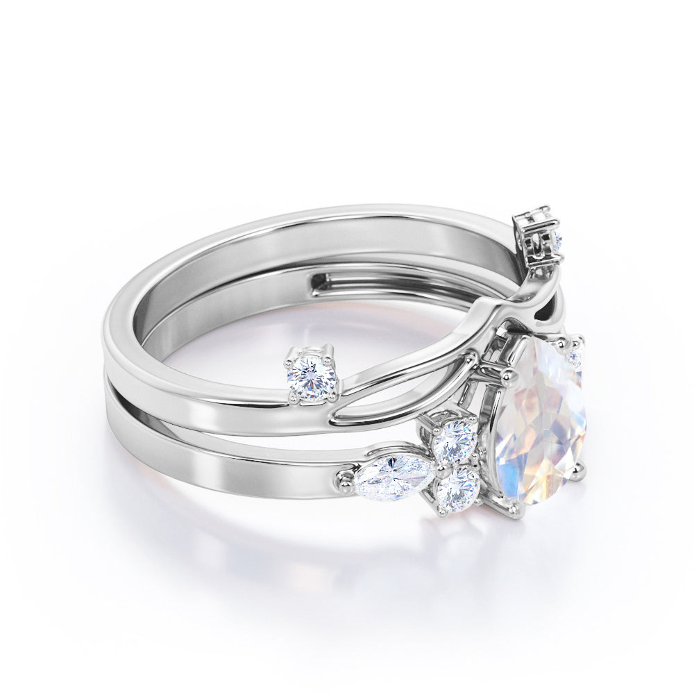 Unique Split Shank 1.25 carat Pear Shaped Moonstone and diamond chevron wedding ring set for women in White gold