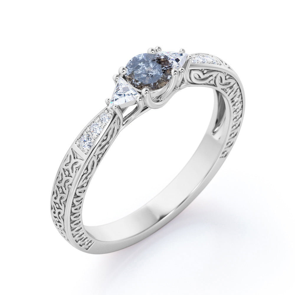 Past, Present, Future 0.6 carat Round cut Salt and pepper diamond vintage trillion engagement ring in White gold