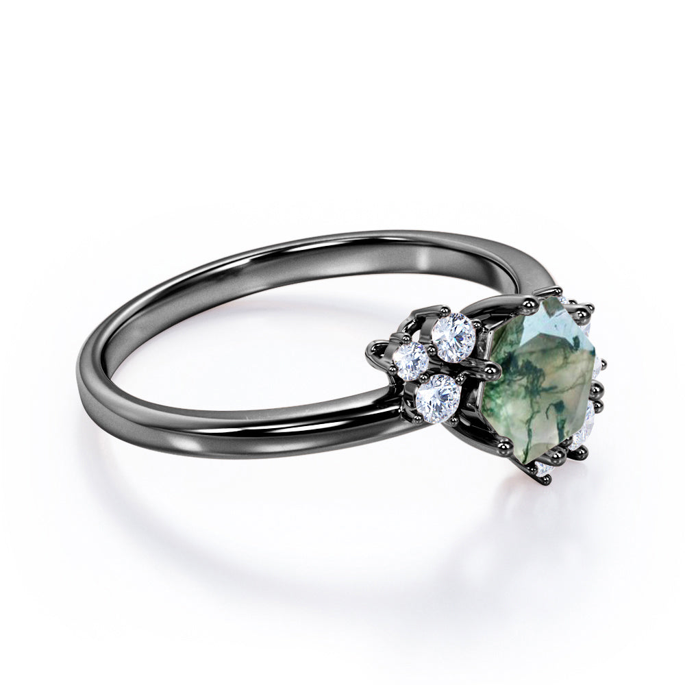 Aesthetic 0.65 carat Hexagon shaped Moss Green Agate and diamond art deco inspired engagement ring in Black gold