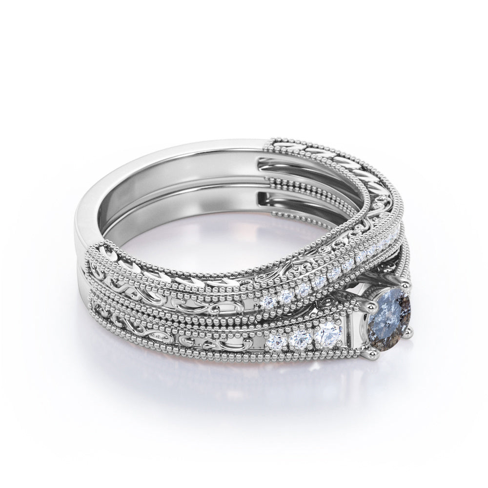 Contoured filigree 0.8 carat Round cut Salt and pepper diamond and White diamond vintage chevron wedding ring set in white gold