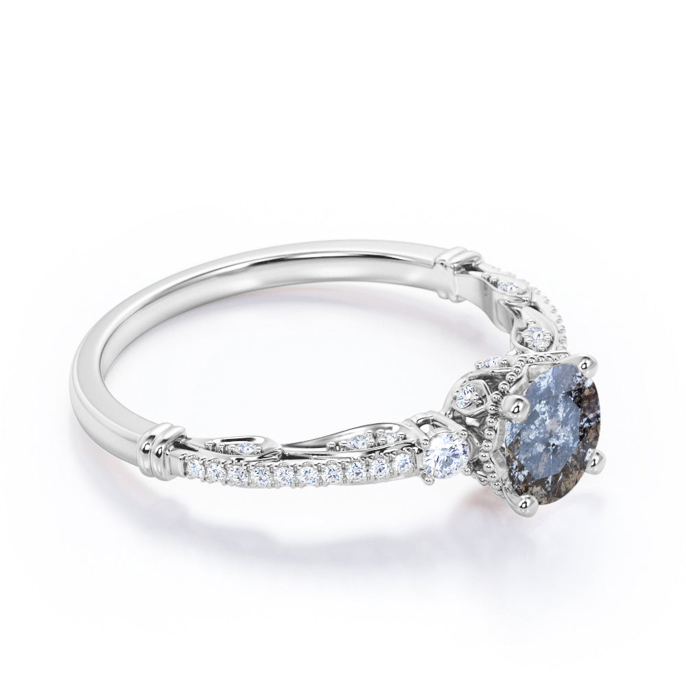 0.8 carat Round cut Salt and pepper diamond and White diamond-art deco-pave set engagement ring in White gold