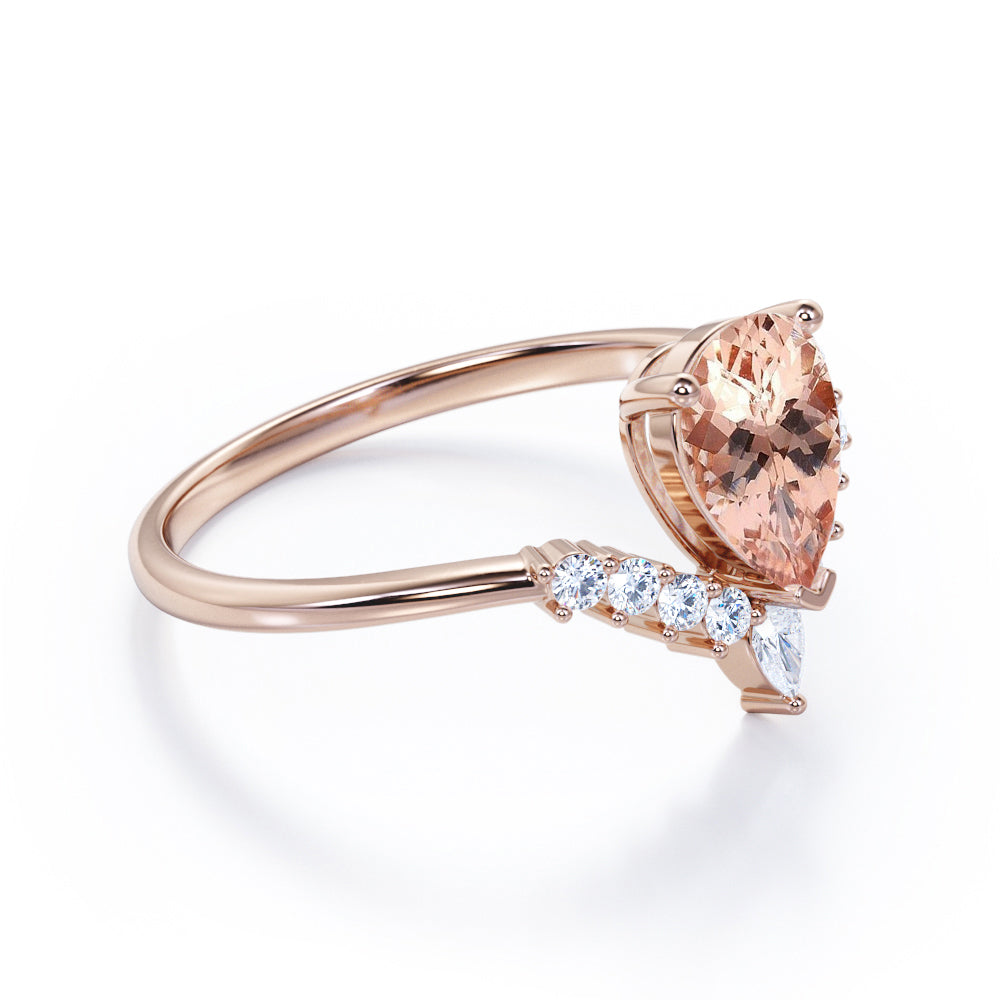 Antique Crown inspired 1.25 carat Pear Shaped Morganite and diamond engagement ring in Rose gold