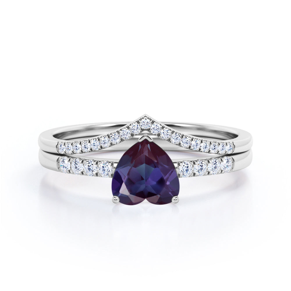 Authentic art deco 1.3 carat Heart shaped Lab Made Alexandrite and diamond contoured wedding ring set in Rose gold