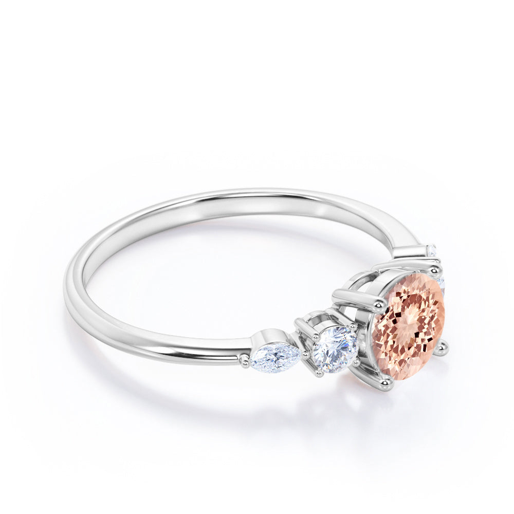 Traditional 1.1 carat Round cut Morganite and diamond five stone engagement ring in White gold