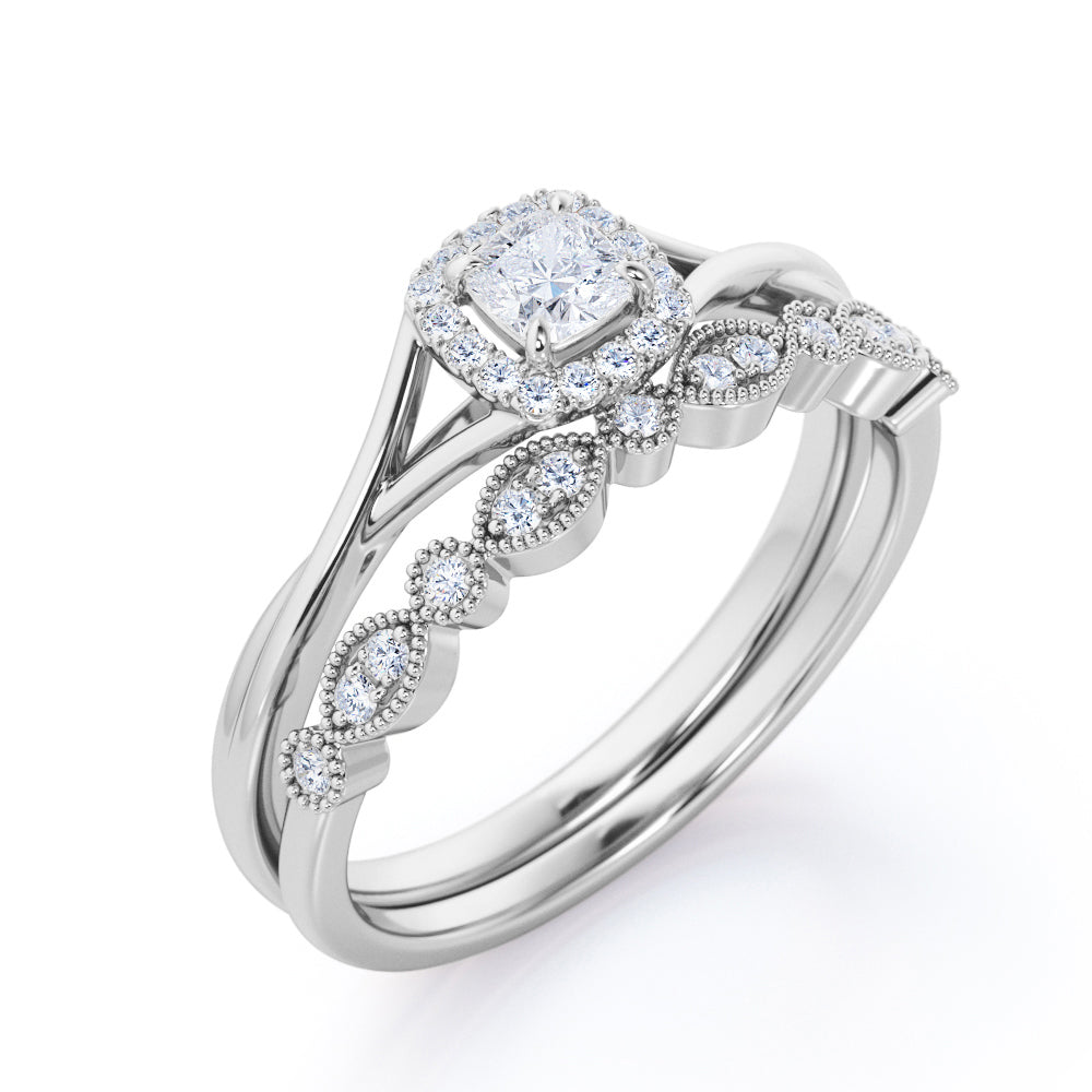 Twisted split shank 0.8 carat Cushion cut Moissanite and diamond milgrain bridal set in White gold