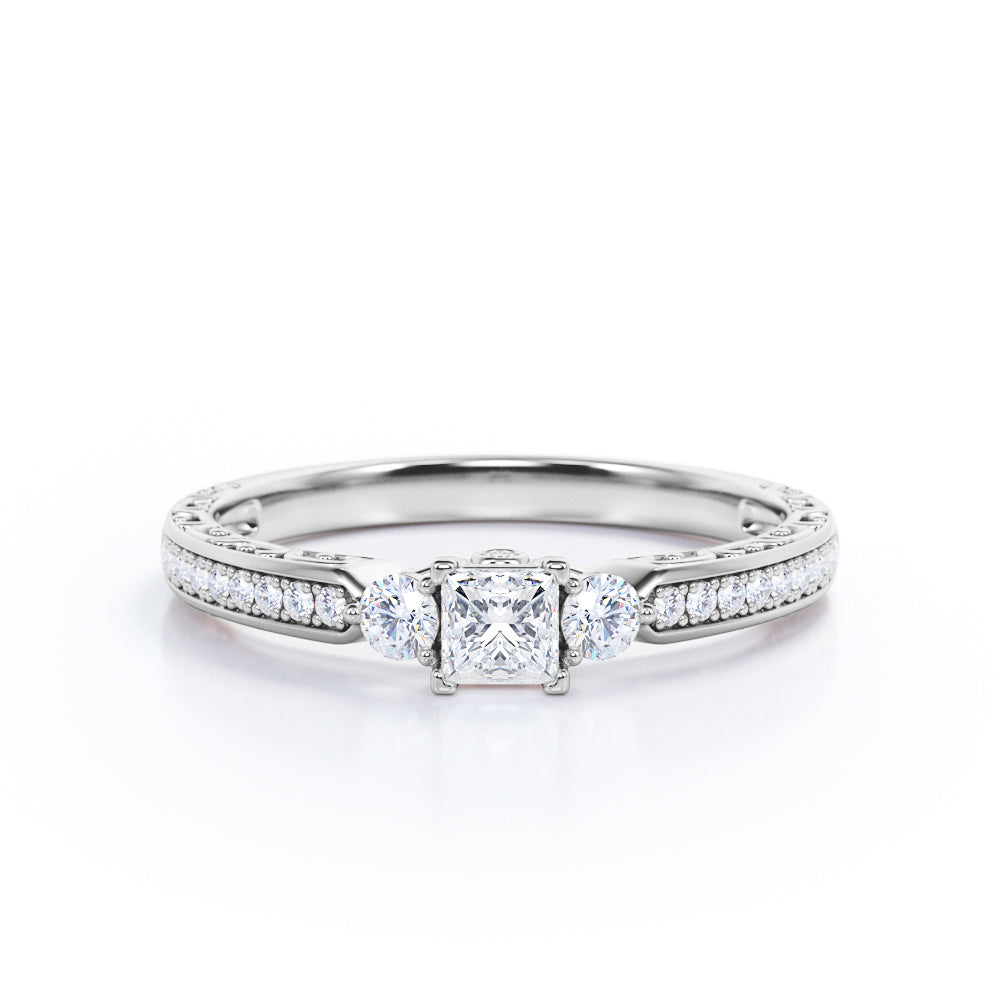 Bridge accent setting 0.75 carat Princess cut Moissanite and diamonds three stone engagement ring in White gold