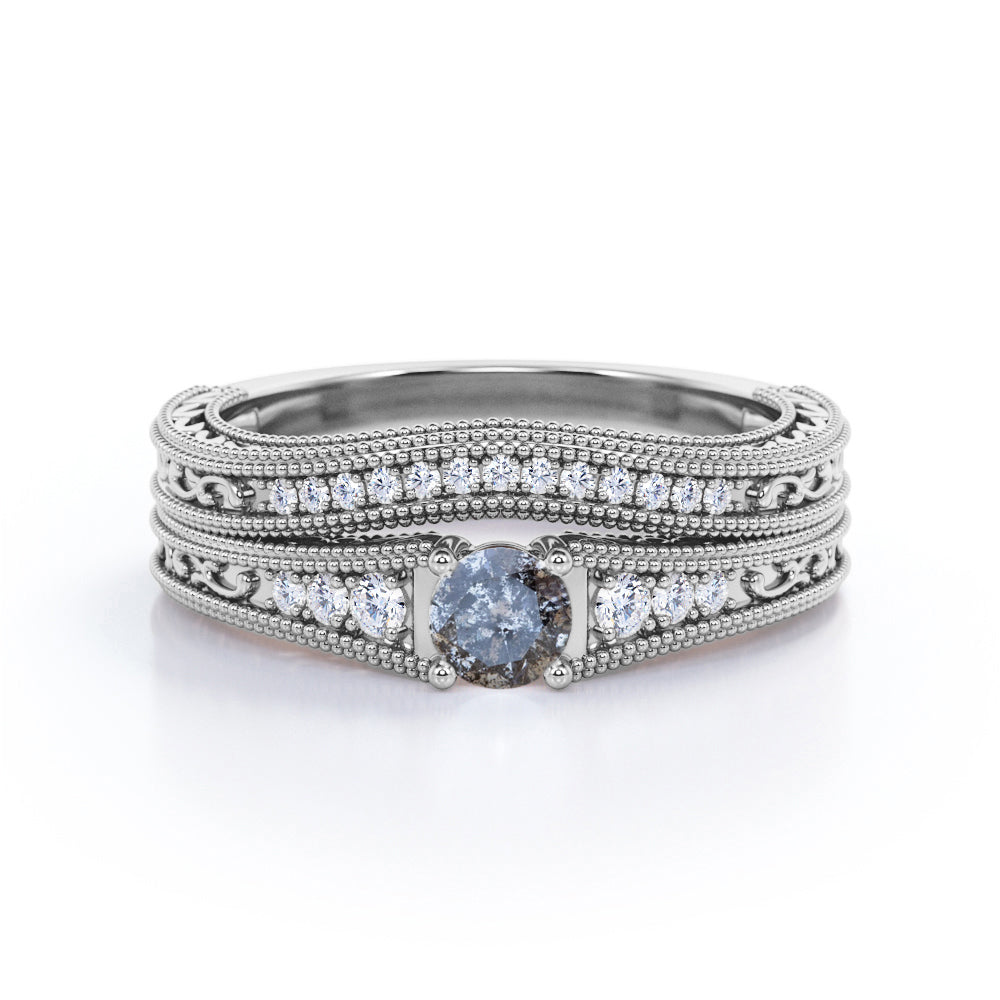 Contoured filigree 0.8 carat Round cut Salt and pepper diamond and White diamond vintage chevron wedding ring set in white gold