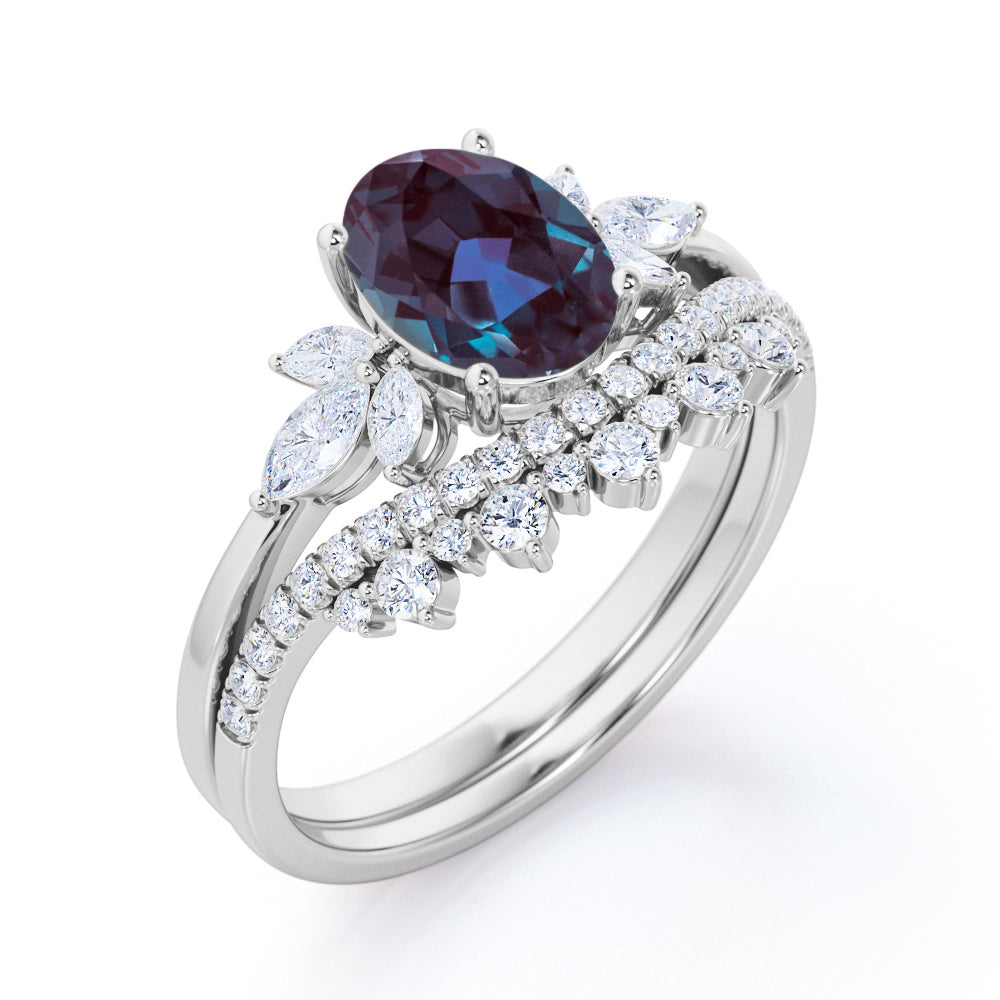 Exquisite Vintage inspired 1.5 carat Oval shaped Lab created Alexandrite and diamond chevron wedding ring set in Rose gold