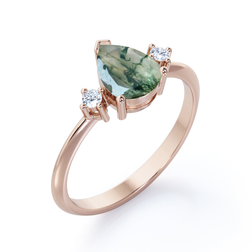 Vintage trinity 1.1 carat Pear cut Moss Green Agate and diamond pinched shank engagement ring in Rose gold