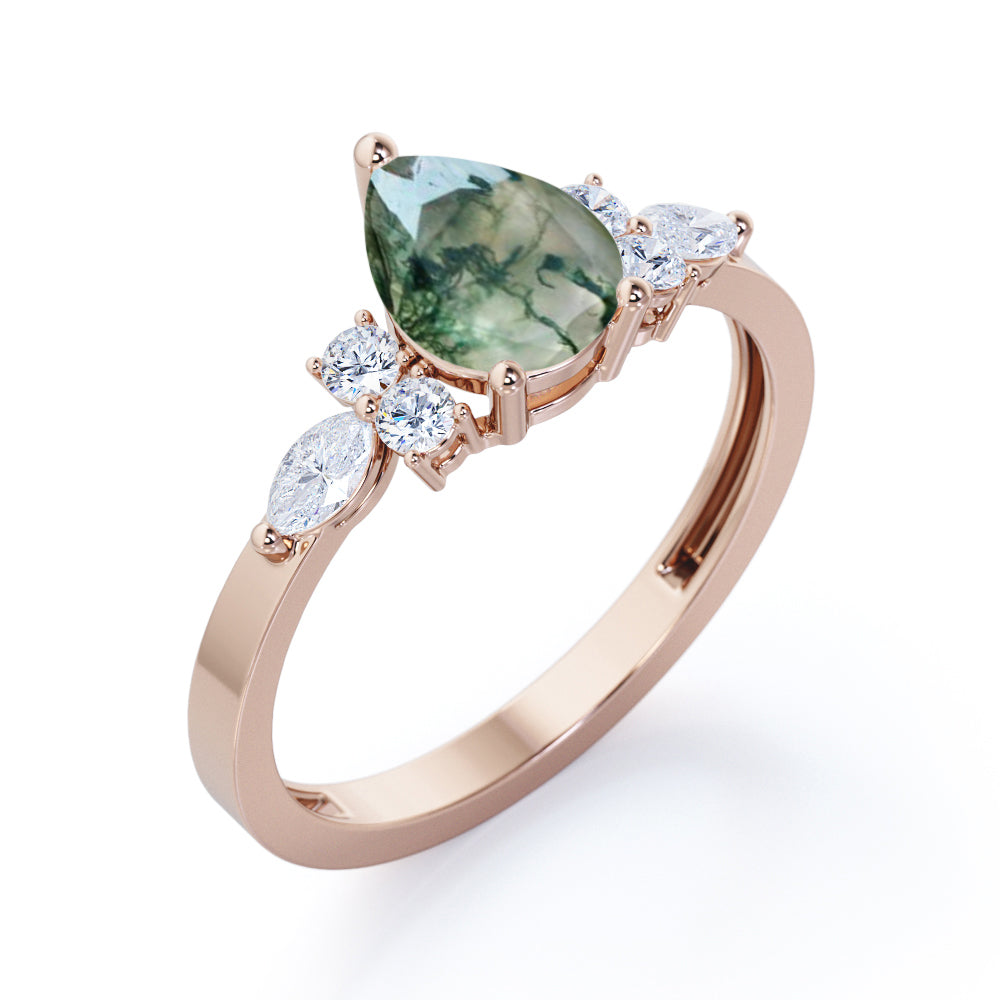 1.15 carat Pear cut Moss Agate and diamond prong style promise ring in Rose gold