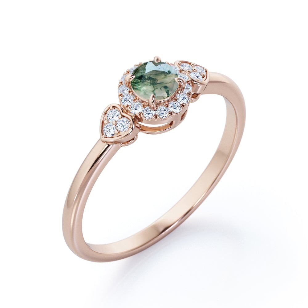 Halo Heart 0.7 carat Round cut Moss Agate and diamond 4 prong engagement ring in Rose gold