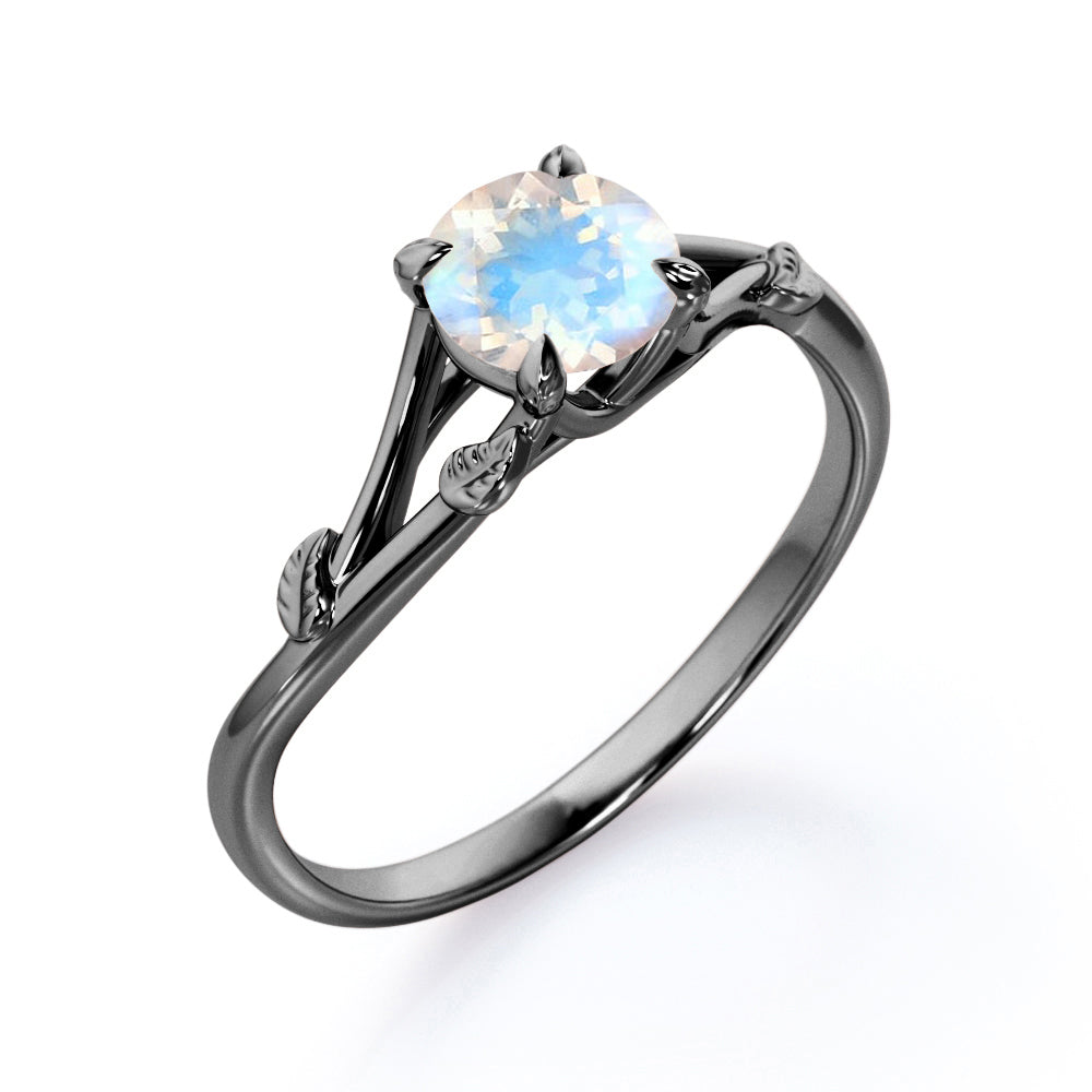 Vine Split Shank 1 carat Round cut Rainbow Moonstone nature inspired engagement ring in Black gold