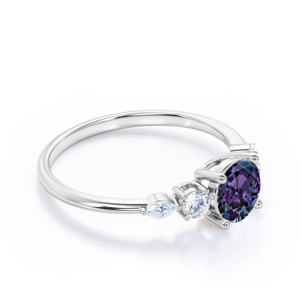 Button Prong style 0.65 carat Round cut Synthetic Alexandrite and diamond five stone engagement ring in White gold