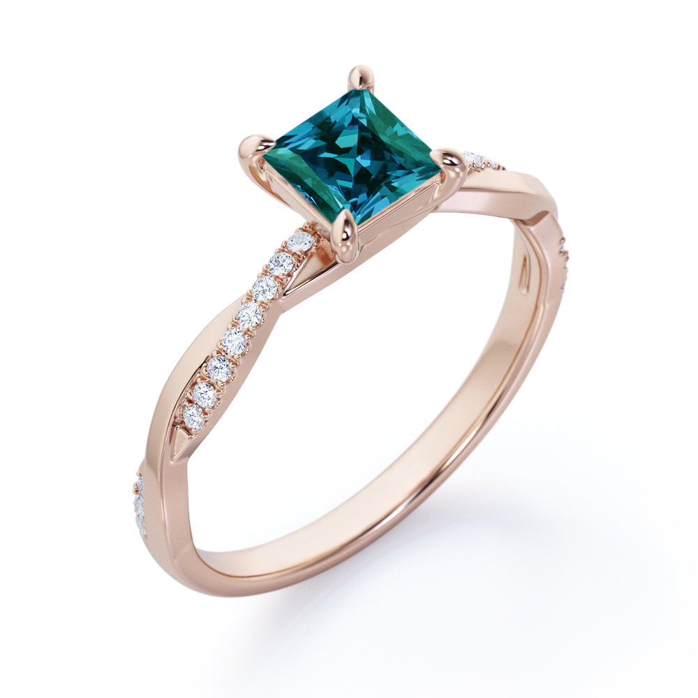 Infinity twist 1.2 carat Princess cut Synthetic Alexandrite and diamond contemporary engagement ring in Rose gold