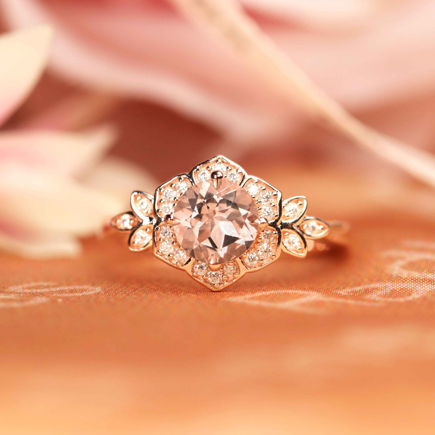 Flower shape 1.2 carat Round cut Morganite Engagement Ring for Women in Rose Gold