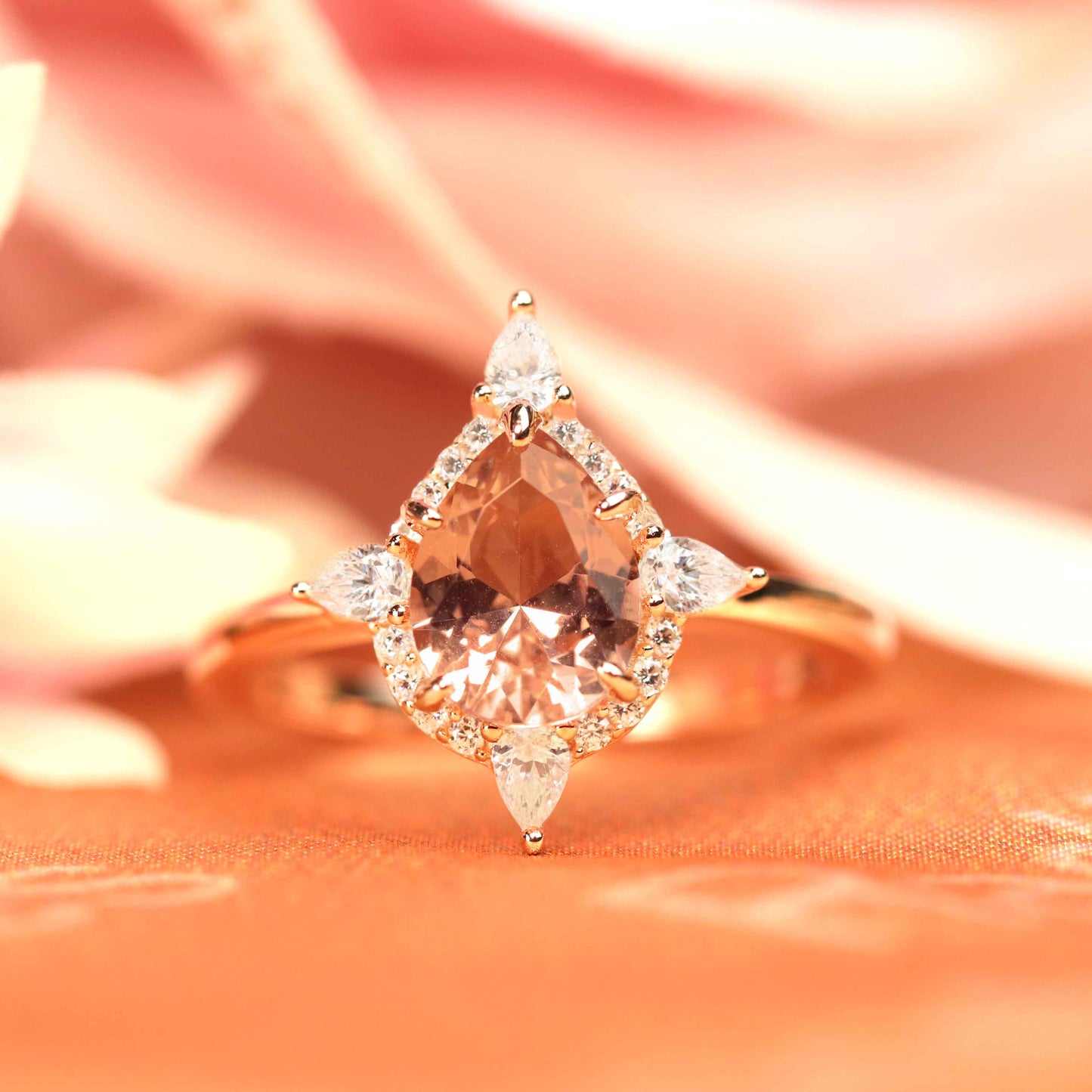 Unique 1.25 carat tear drop cut peach pink Morganite Wedding Ring with Diamonds for Women