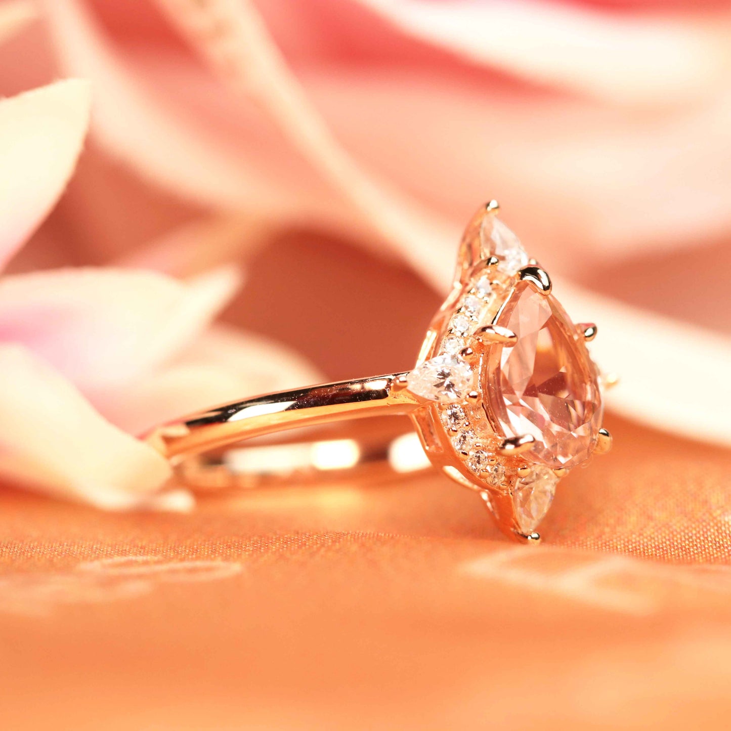 Unique 1.25 carat tear drop cut peach pink Morganite Wedding Ring with Diamonds for Women