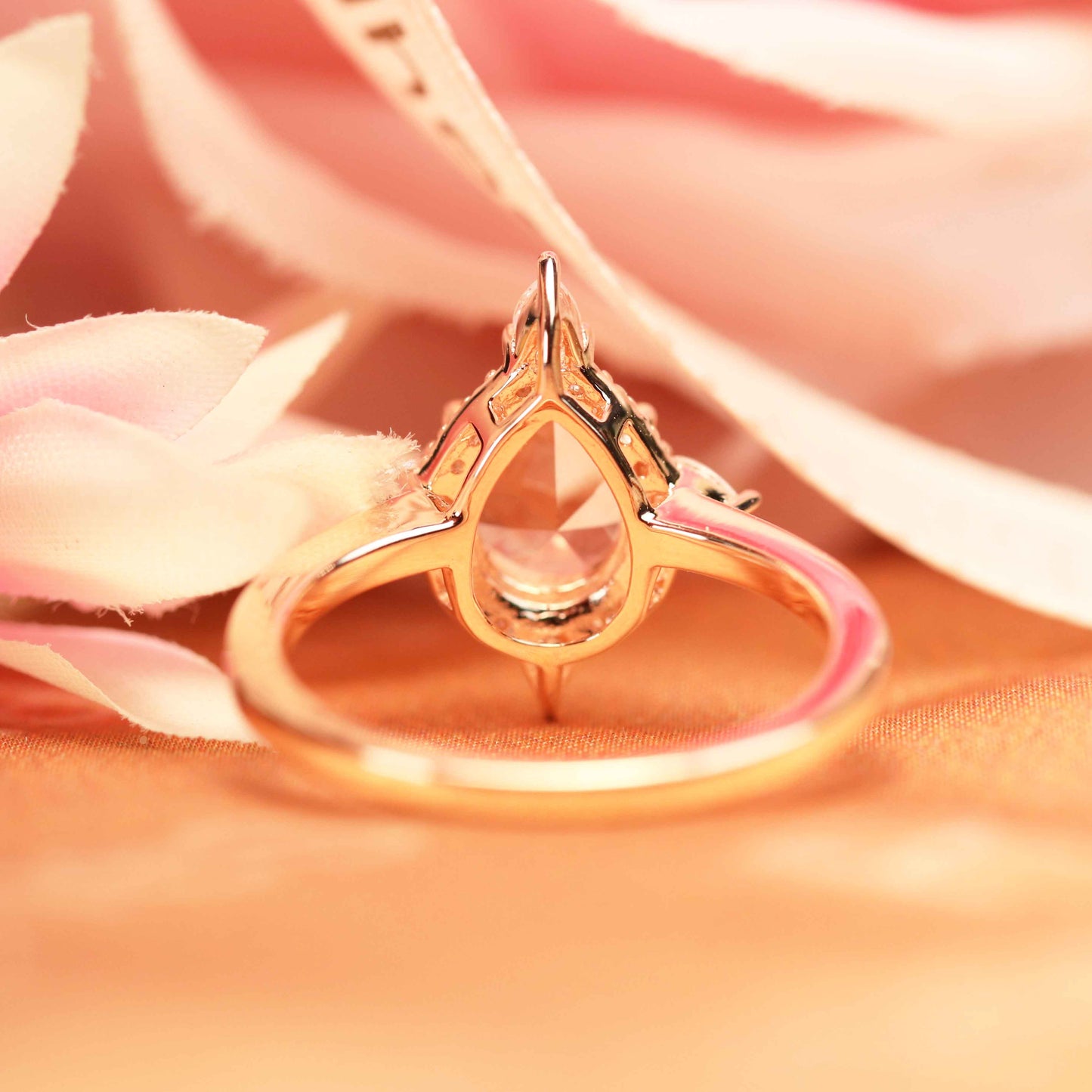 Unique 1.25 carat tear drop cut peach pink Morganite Wedding Ring with Diamonds for Women