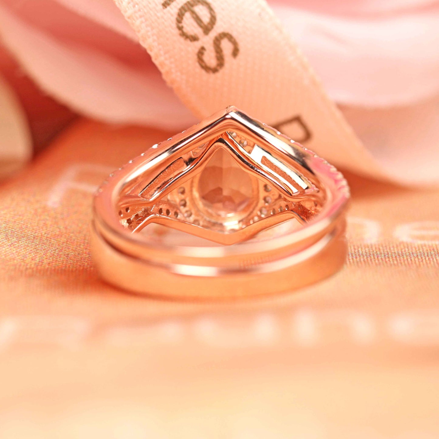 Huge 1.75 carat Natural Peach Morganite Halo Pear Shape Teardrop Chevron Art Deco Ring Set with Diamond in Rose Gold