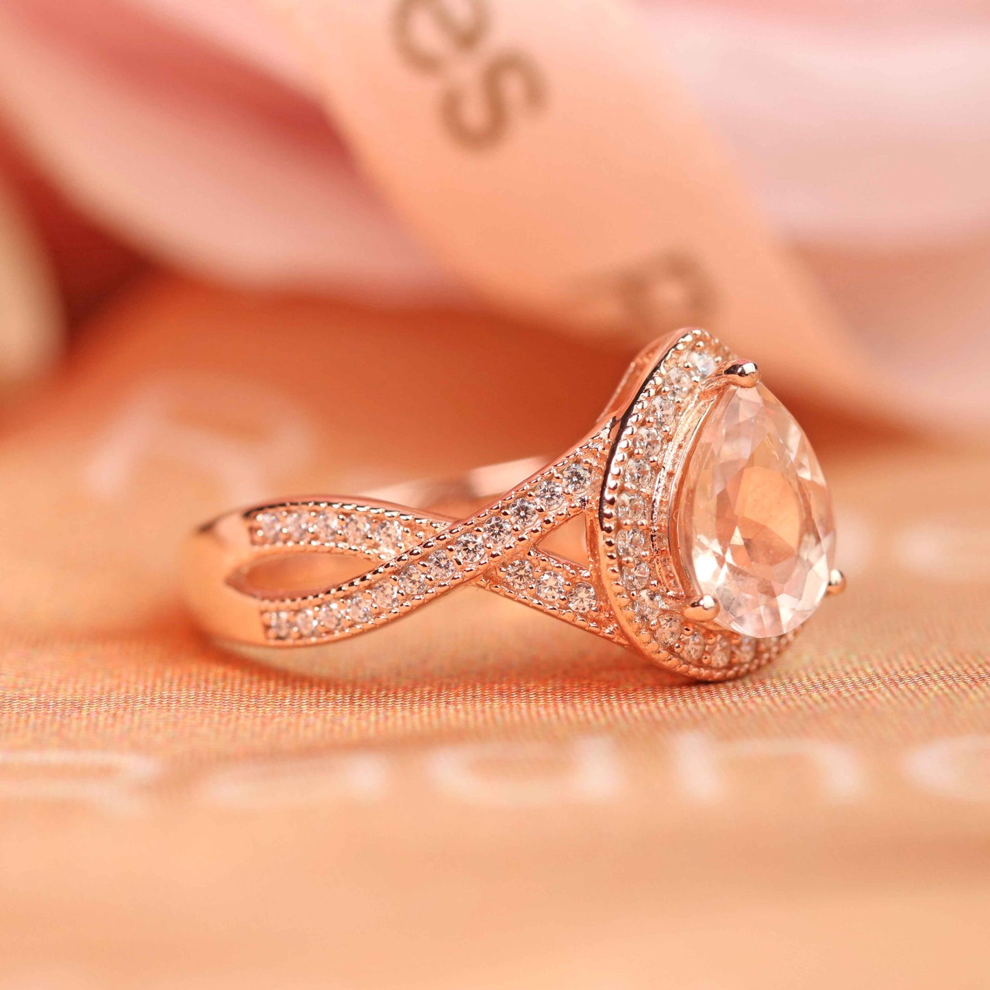Antique Halo 1.7 carat Teardrop Morganite and Diamond Milgrain Promise Ring in Rose Gold