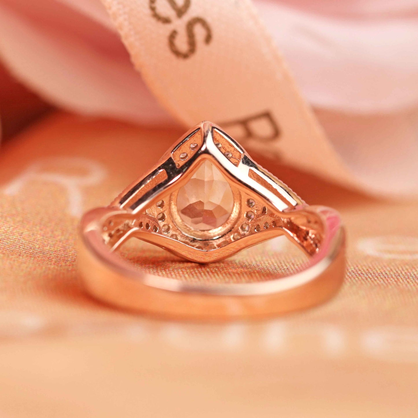 Antique Halo 1.7 carat Teardrop Morganite and Diamond Milgrain Promise Ring in Rose Gold