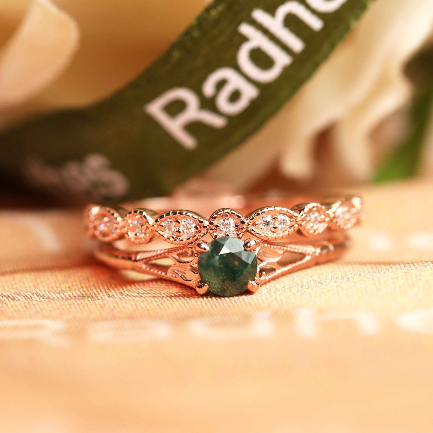 Scrollwork 1.25 carat Round Cut Moss Green Agate and Diamond Split Shank Bridal Set with Matching Milgrain Wedding Band in Rose Gold