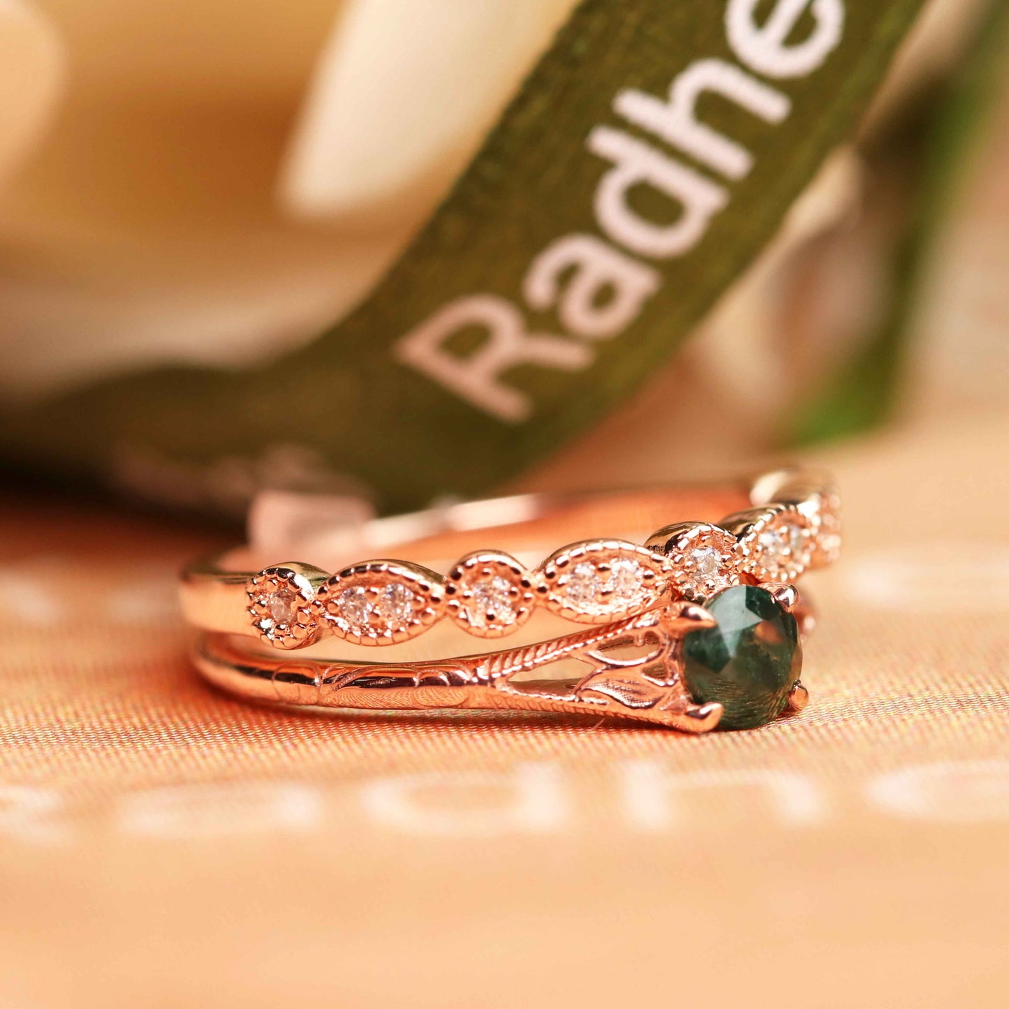 Scrollwork 1.25 carat Round Cut Moss Green Agate and Diamond Split Shank Bridal Set with Matching Milgrain Wedding Band in Rose Gold