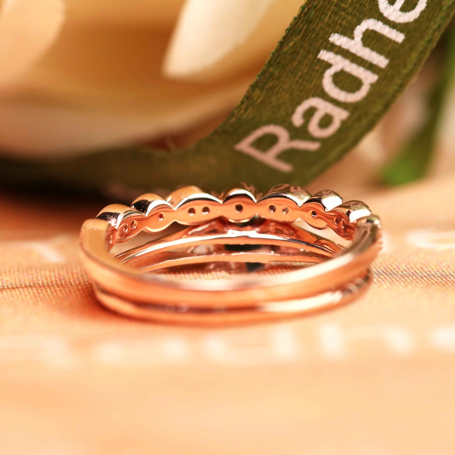 Scrollwork 1.25 carat Round Cut Moss Green Agate and Diamond Split Shank Bridal Set with Matching Milgrain Wedding Band in Rose Gold