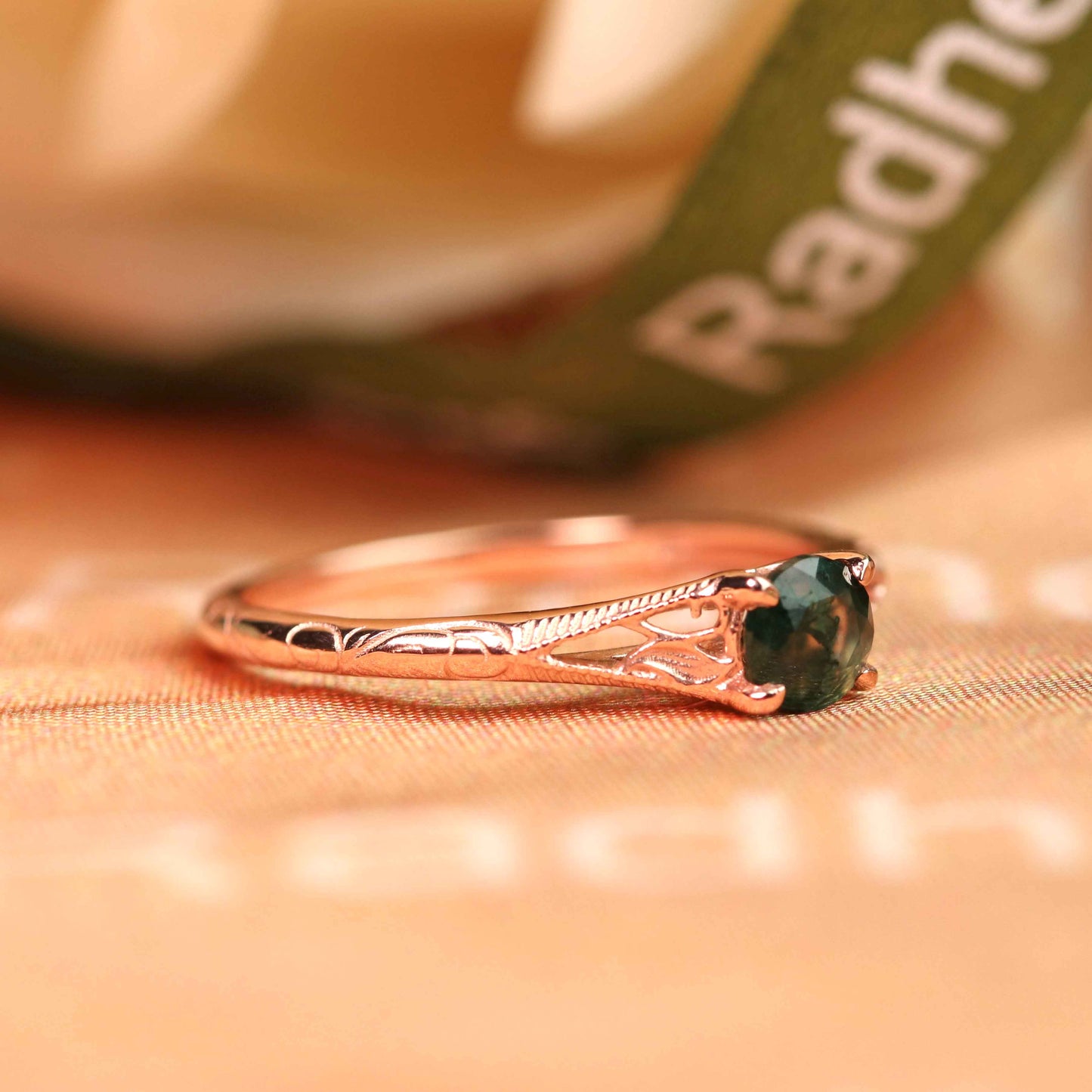 Delicate Scrollwork 0.5 carat Round Cut Moss Green Agate Split Shank Solitaire Ring for Women in Rose Gold