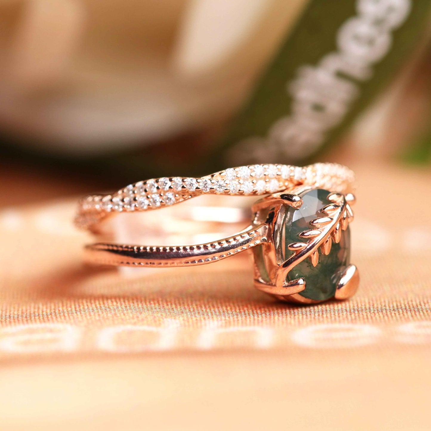 Modern 1.50 carat Oval Cut Moss Green Agate and Diamond Vine Wrapped Ring Set with Matching Infinity Wedding Band in Rose Gold