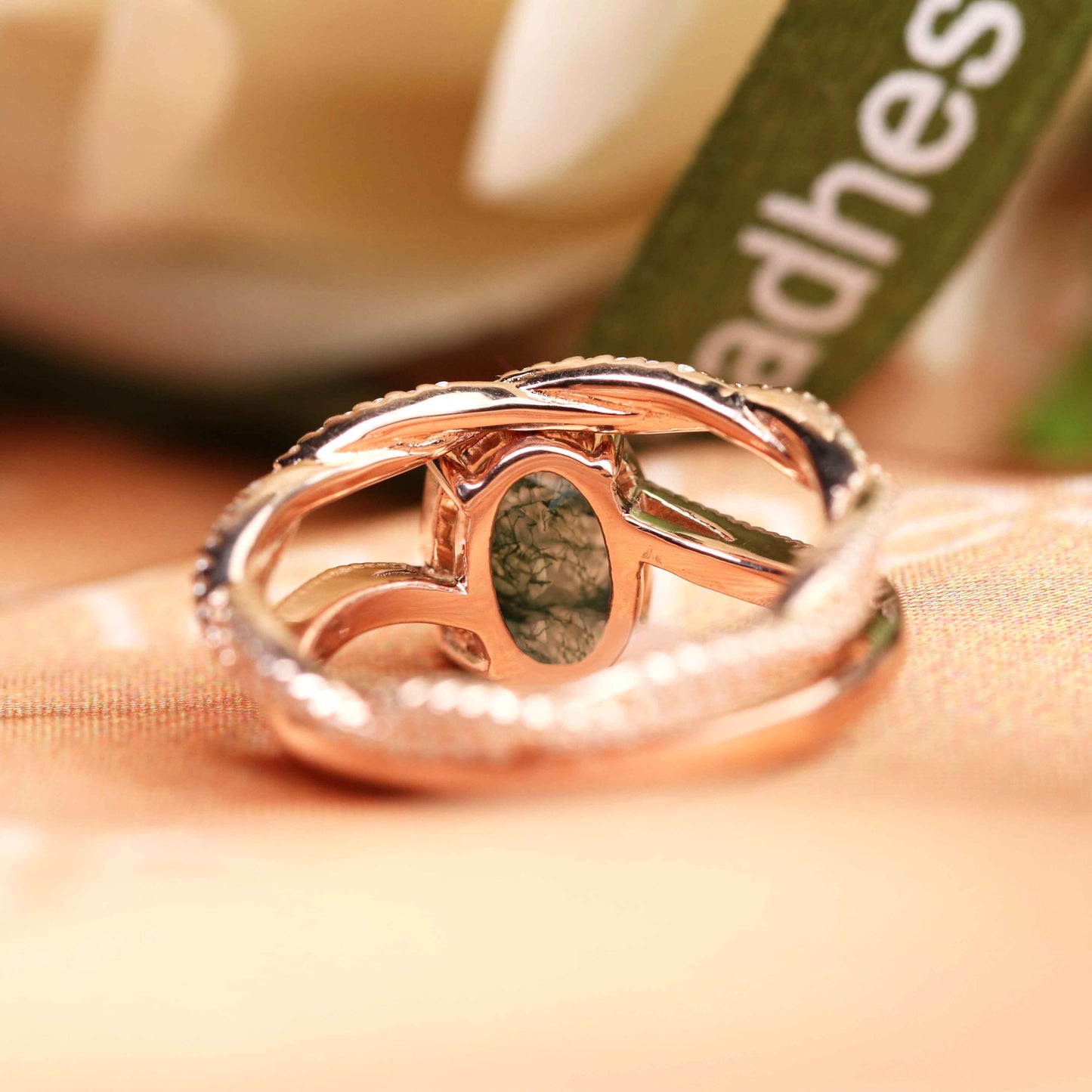 Modern 1.50 carat Oval Cut Moss Green Agate and Diamond Vine Wrapped Ring Set with Matching Infinity Wedding Band in Rose Gold