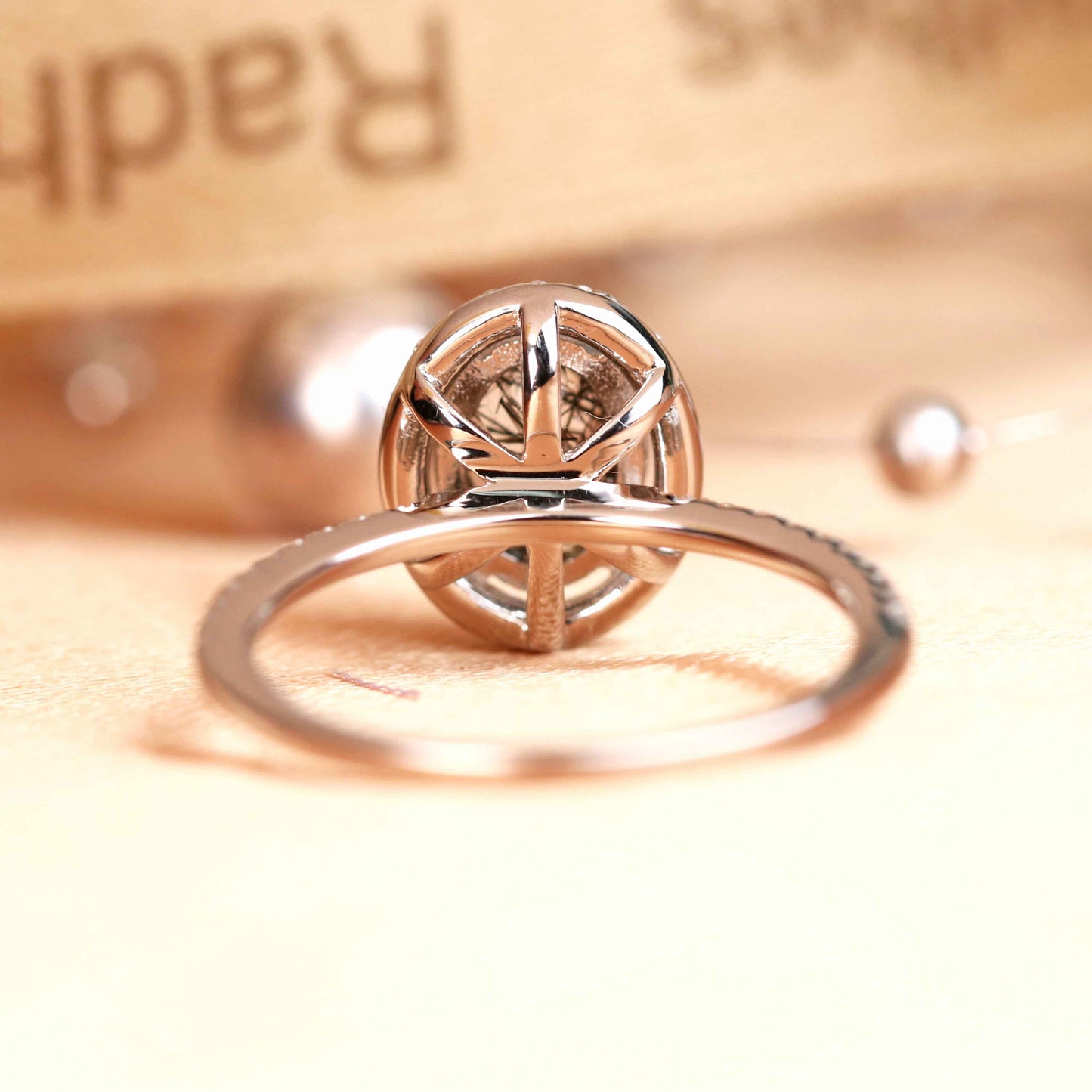 Huge 1.5 carat Oval Cut Rutilated Quartz and Diamond Halo Pave Promise Ring in White Gold