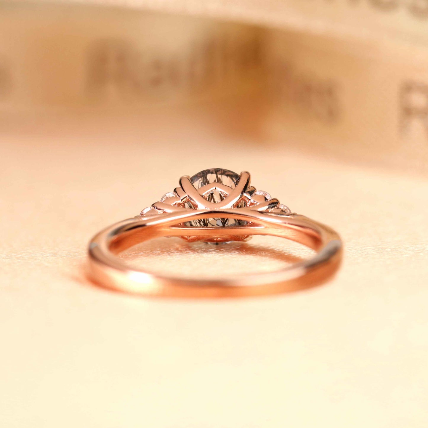 Dainty 7 Stone 1.15 carat Round Cut Rutilated Quartz and Diamond Plain Shank Ring in Rose Gold