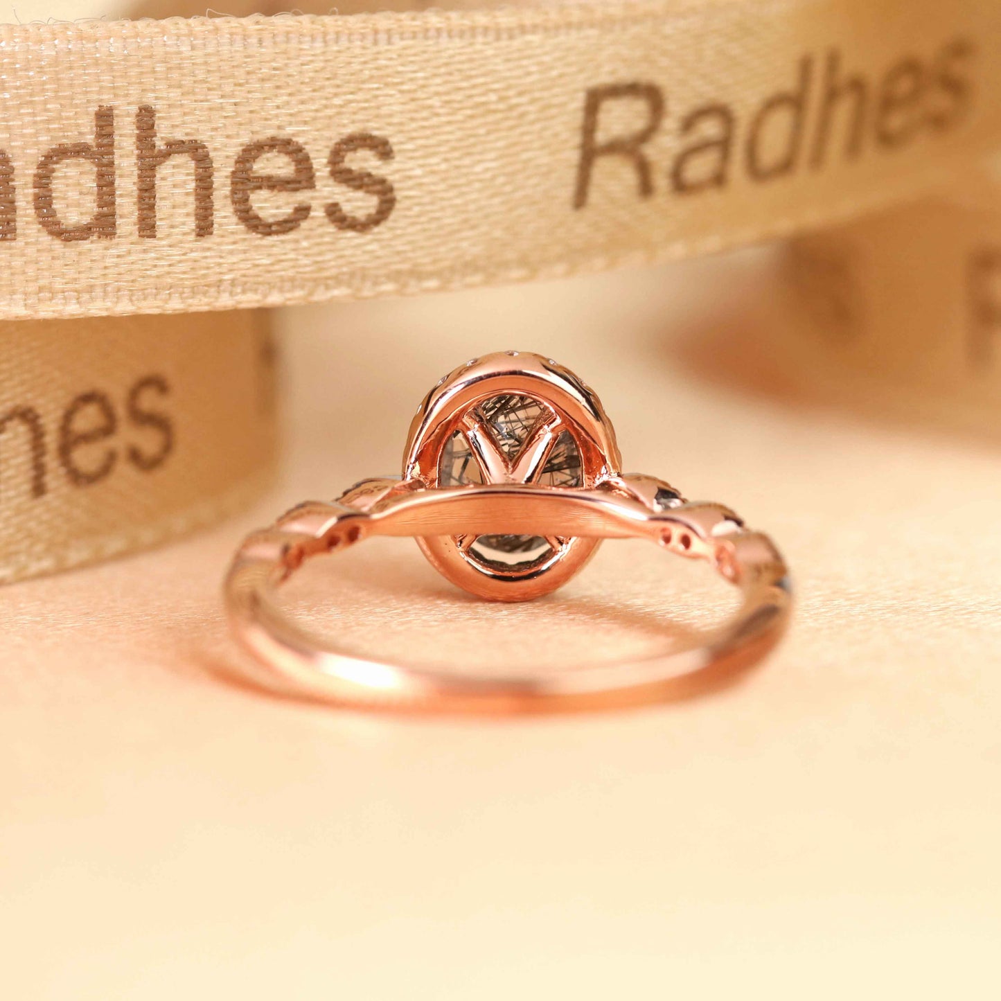 Halo 1.3 carat Oval Cut Rutilated Quartz and Diamond Marquise Milgrain Bezel Engagement Ring for Women in Rose Gold