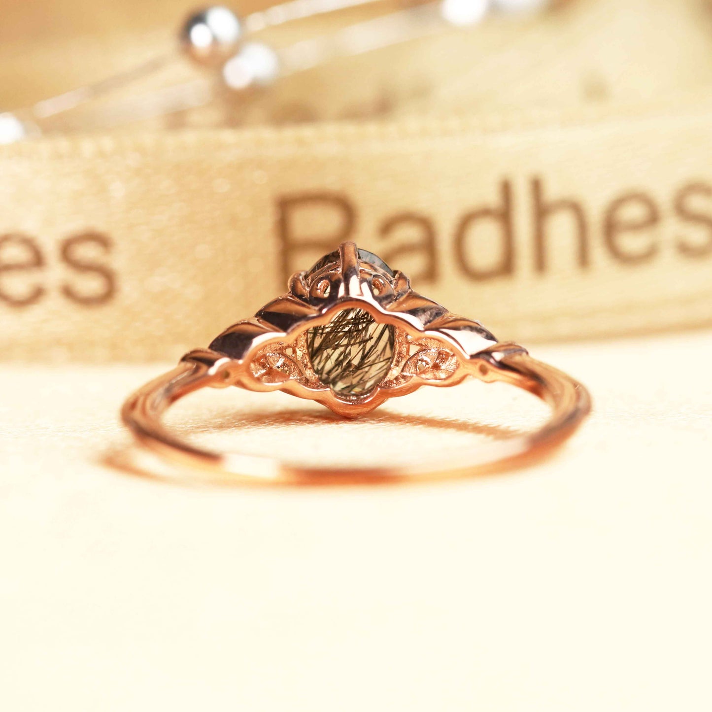 Leaf Cluster 1.25 carat Oval Cut Rutilated Quartz and Diamond Milgrain Shank Ring in Rose Gold