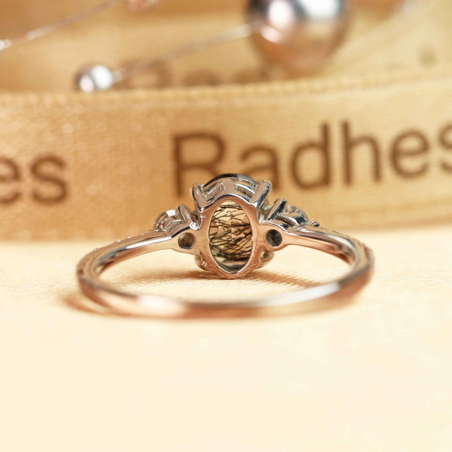 Classic Three Stone 1.25 carat Oval Cut Rutilated Quartz and Diamond Half-mount Promise Ring in White Gold