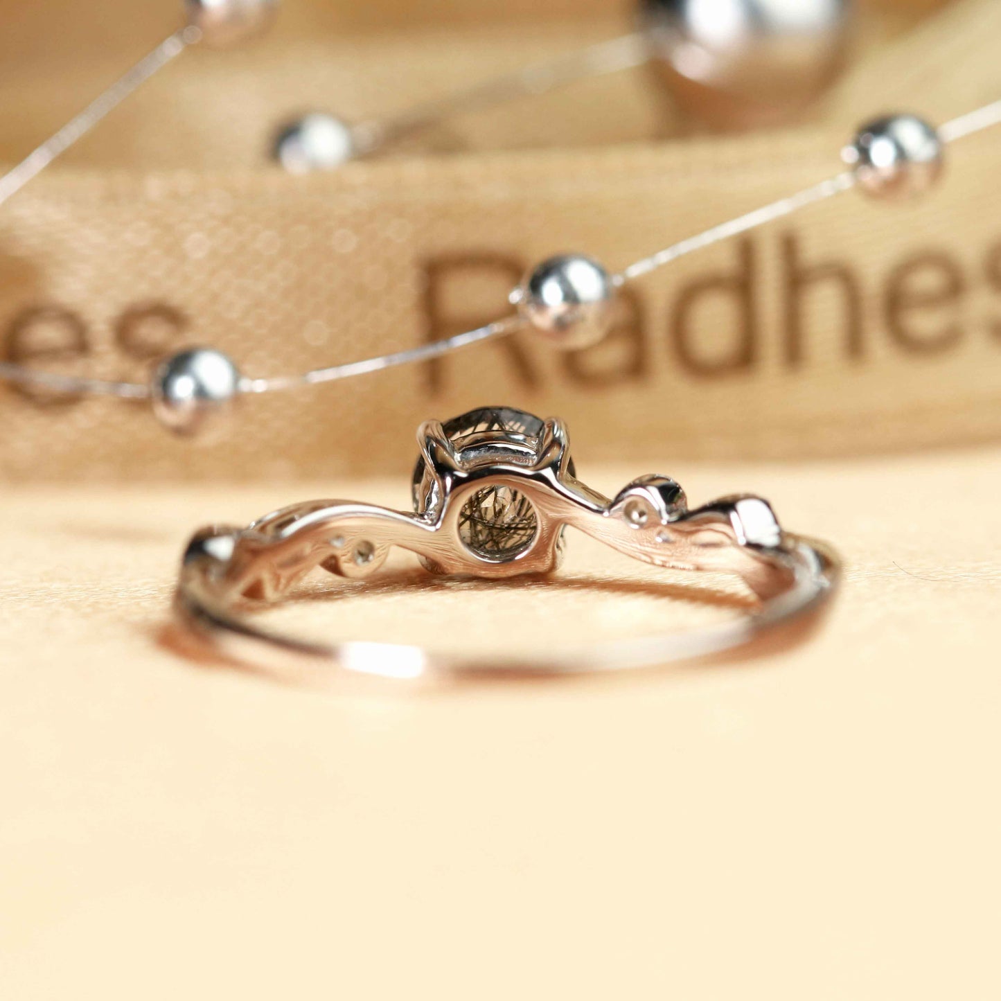 Delicate 1.15 carat Round Cut Rutilated Quartz and Diamond Milgrain Scrollwork Ring in White Gold