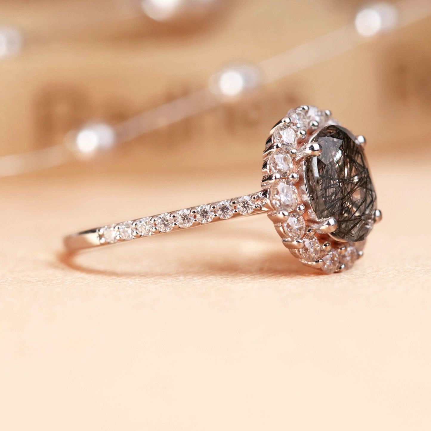 Classic Floral Halo 1.5 carat Oval Cut Rutilated Quartz and Half-pave Diamond Ring for Women in White Gold