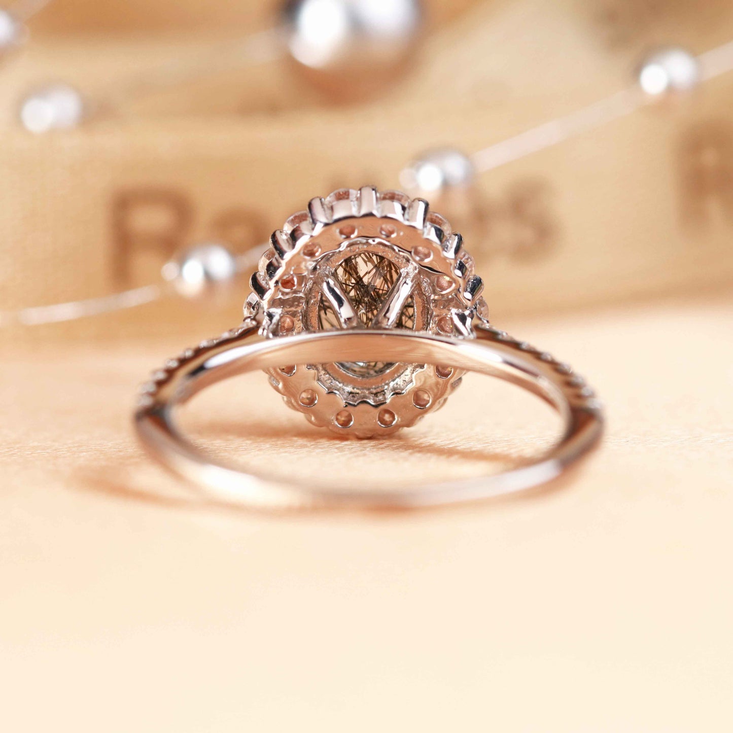 Flower Halo 1.5 carat Oval Cut Rutilated Quartz and Diamond Half-pave Engagement Ring for Women in White Gold