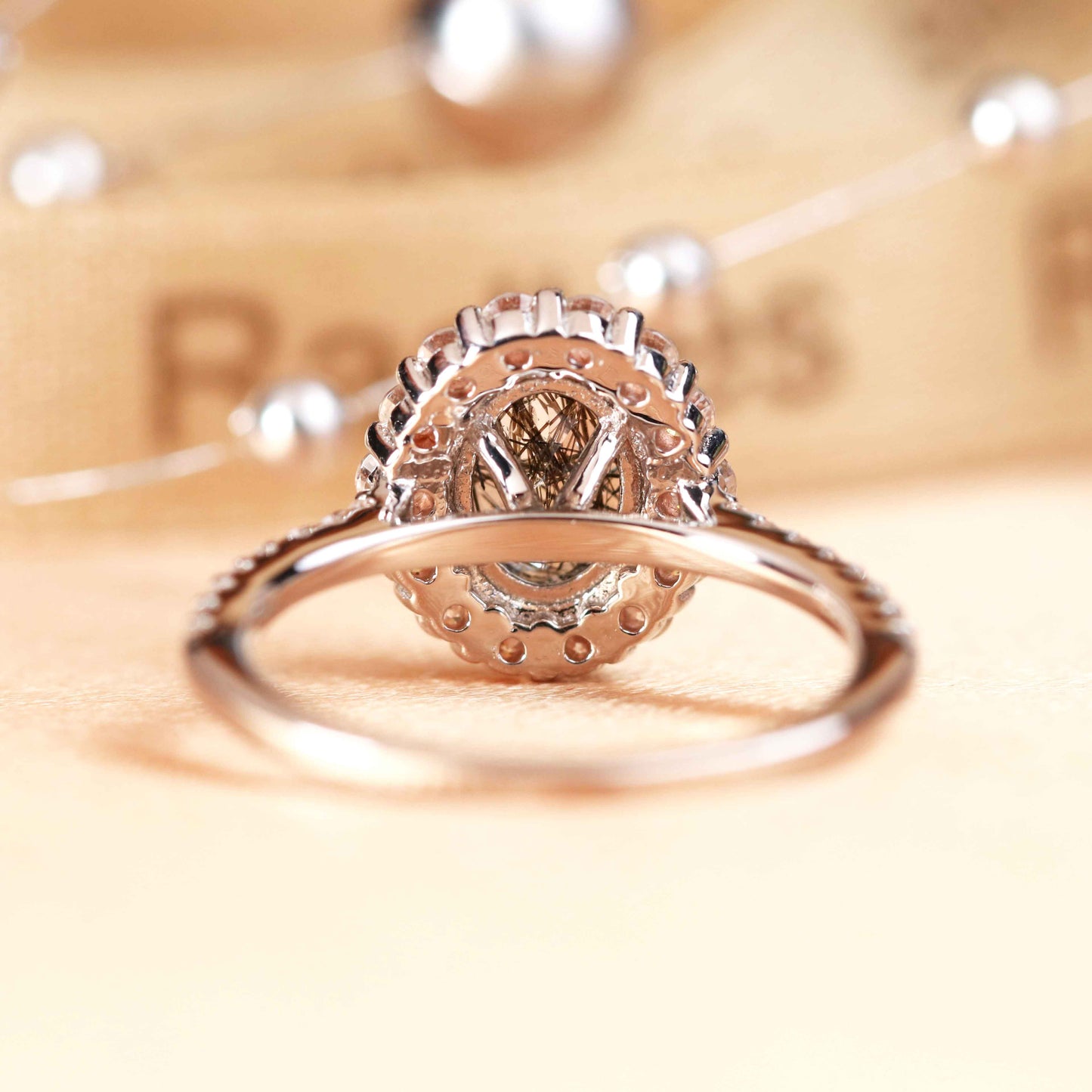 Classic Floral Halo 1.5 carat Oval Cut Rutilated Quartz and Half-pave Diamond Ring for Women in White Gold