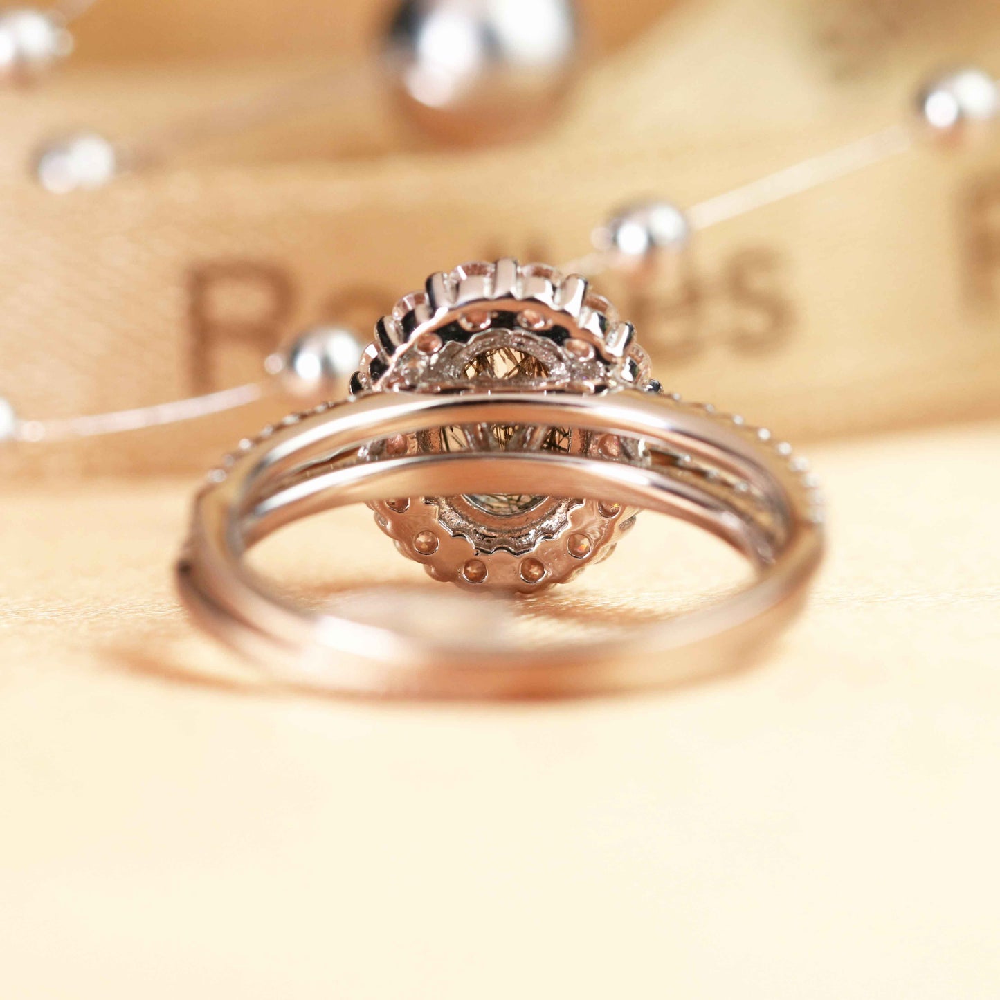 Halo 1.75 carat Oval Shaped Rutilated Quartz and Half-pave Diamond Floral Wedding Ring Set for Women with Matching Semi-eternity Wedding Band in White Gold