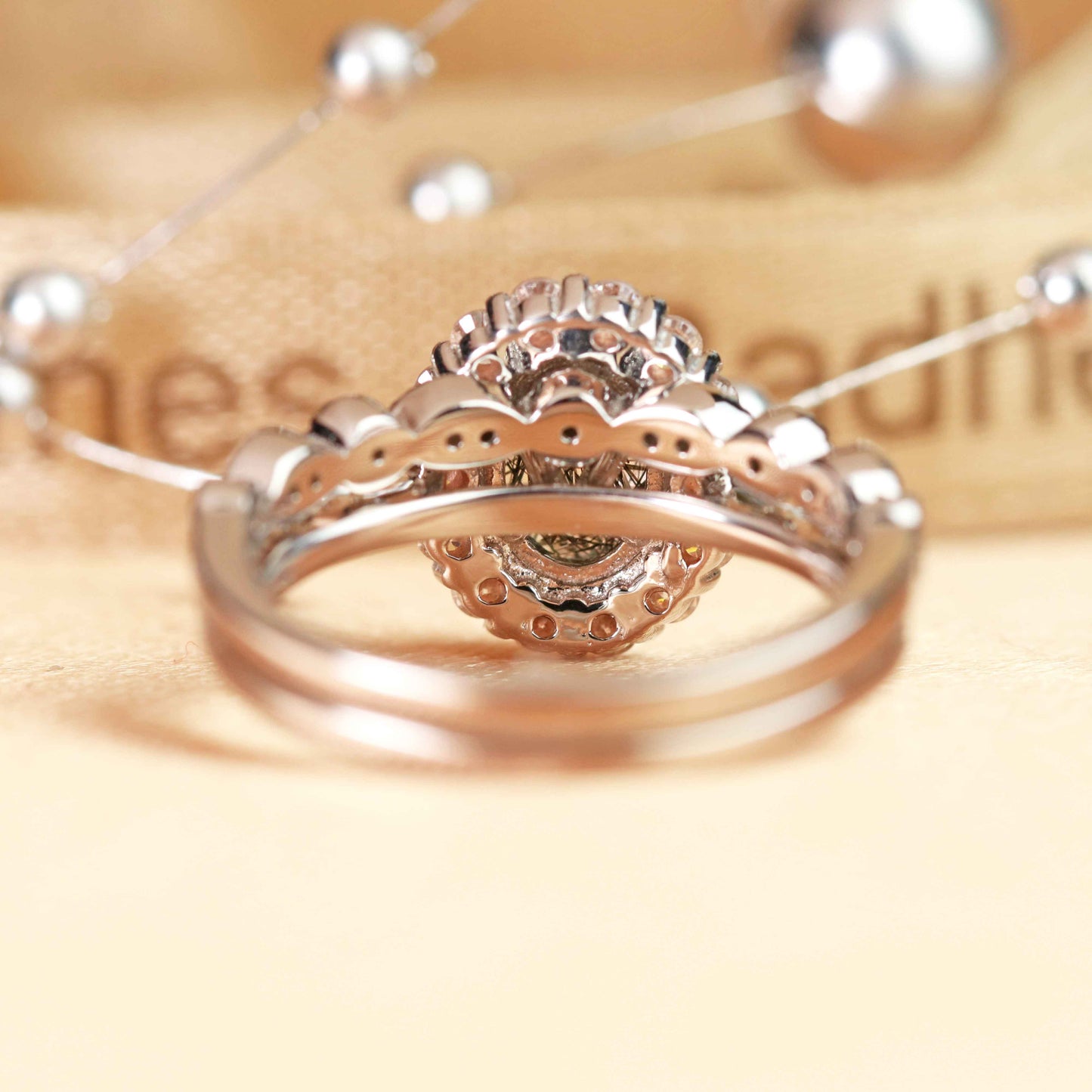 Floral Halo 1.75 carat Oval Cut Rutilated Quartz and Half-pave Diamond Bridal Ring Set with Matching Milgrain Band in White Gold