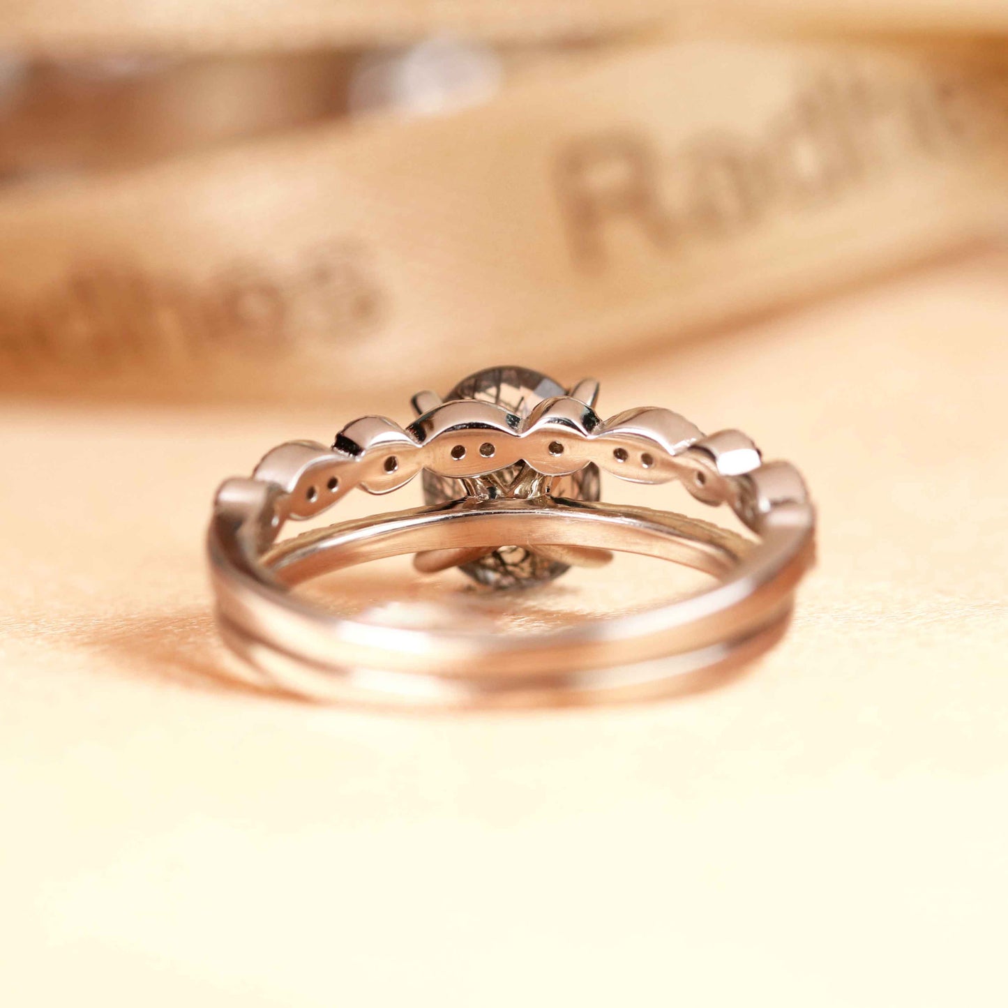 Solitaire 1.5 carat Oval Shaped Rutilated Quartz and Half-pave Diamond Wedding Set with Matching Milgrain Wedding Band in White Gold