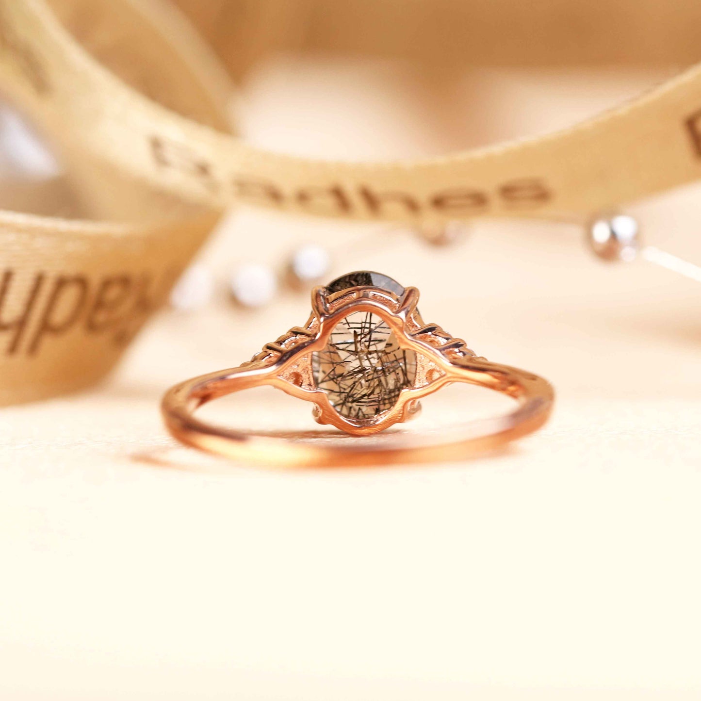 Classic 7 Stone 1.1 carat Oval Cut Rutilated Quartz and Diamond Plain Shank Wedding Ring in Rose Gold