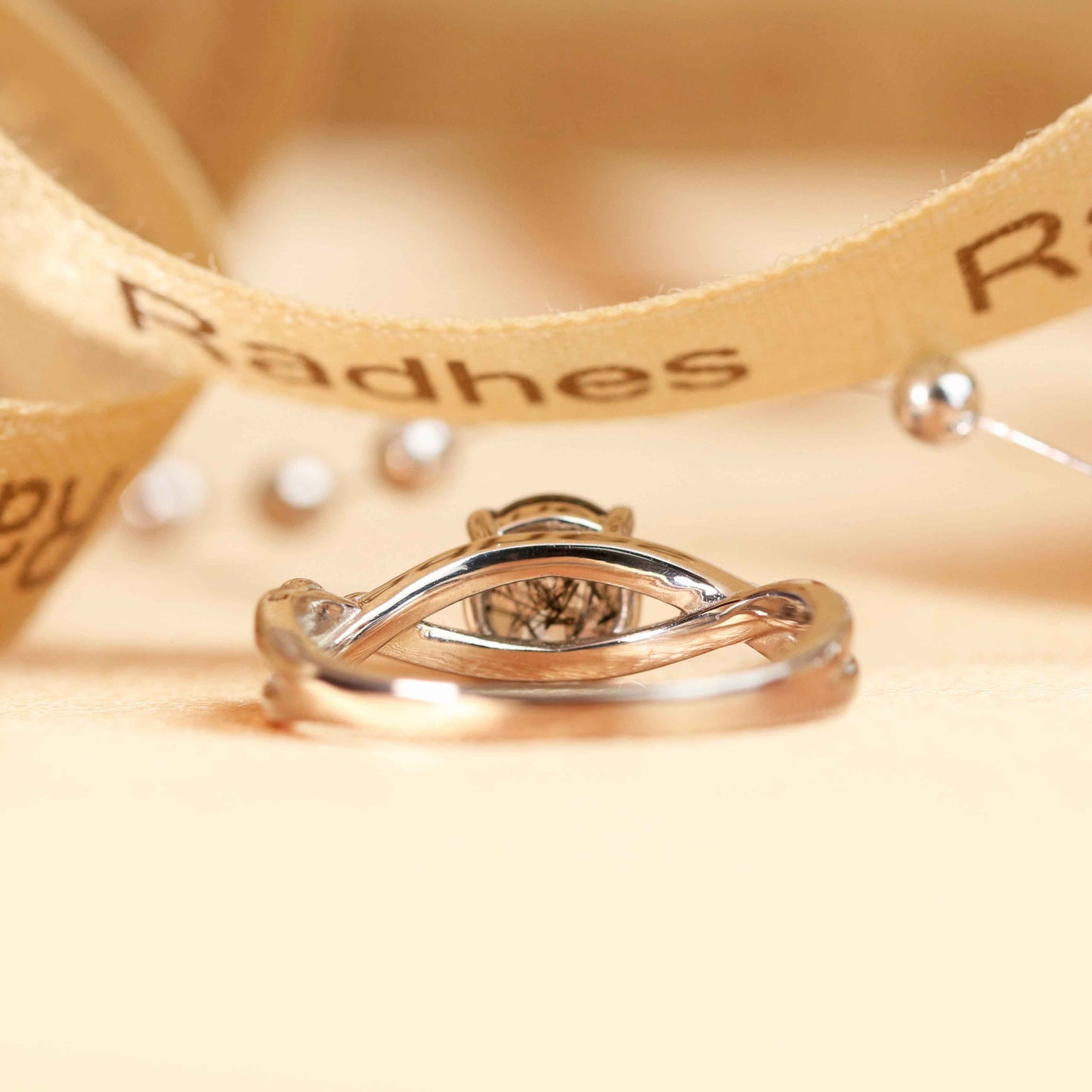 Twisted Split Shank 1 carat Round Cut Rutilated Quartz and Diamond Solitaire Ring in White Gold