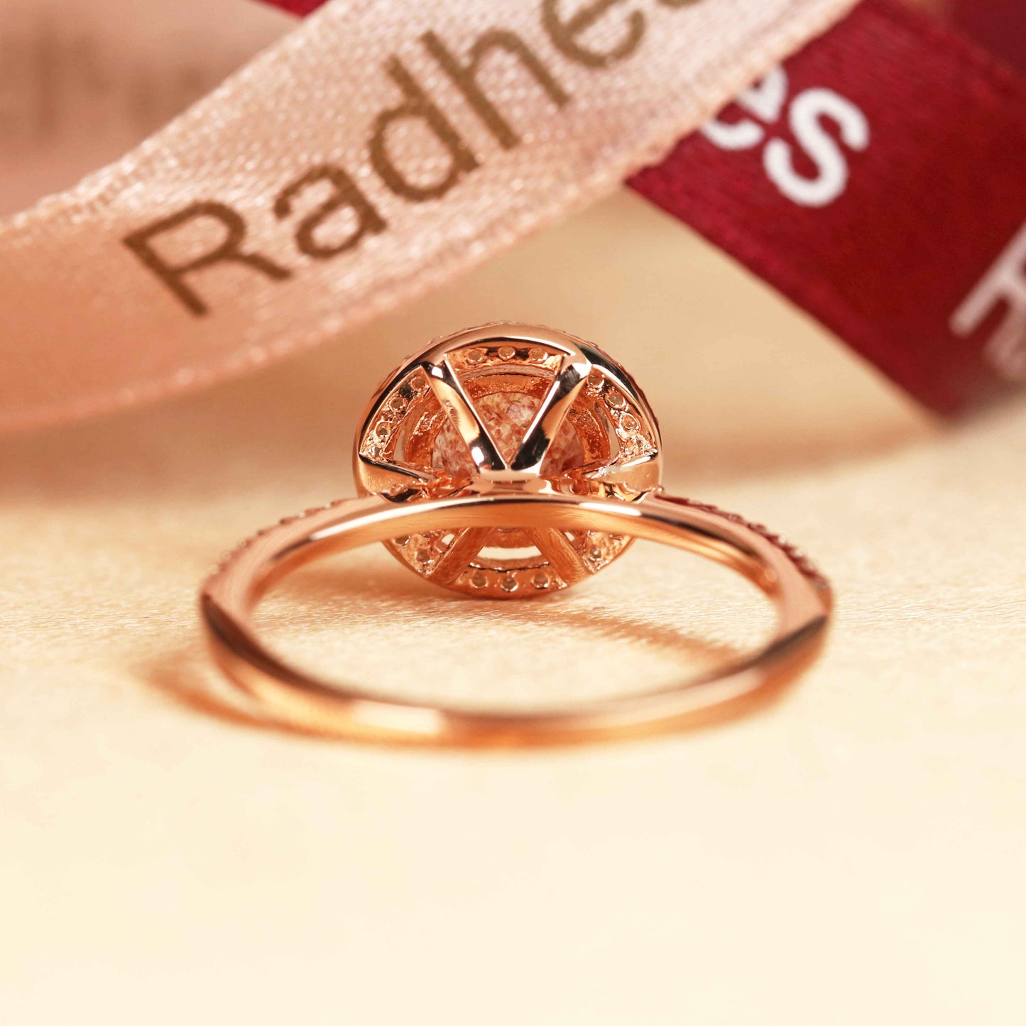 Half-pave 1.25 carat Round Cut Strawberry Quartz and Diamond Halo Bridal Ring in Rose Gold