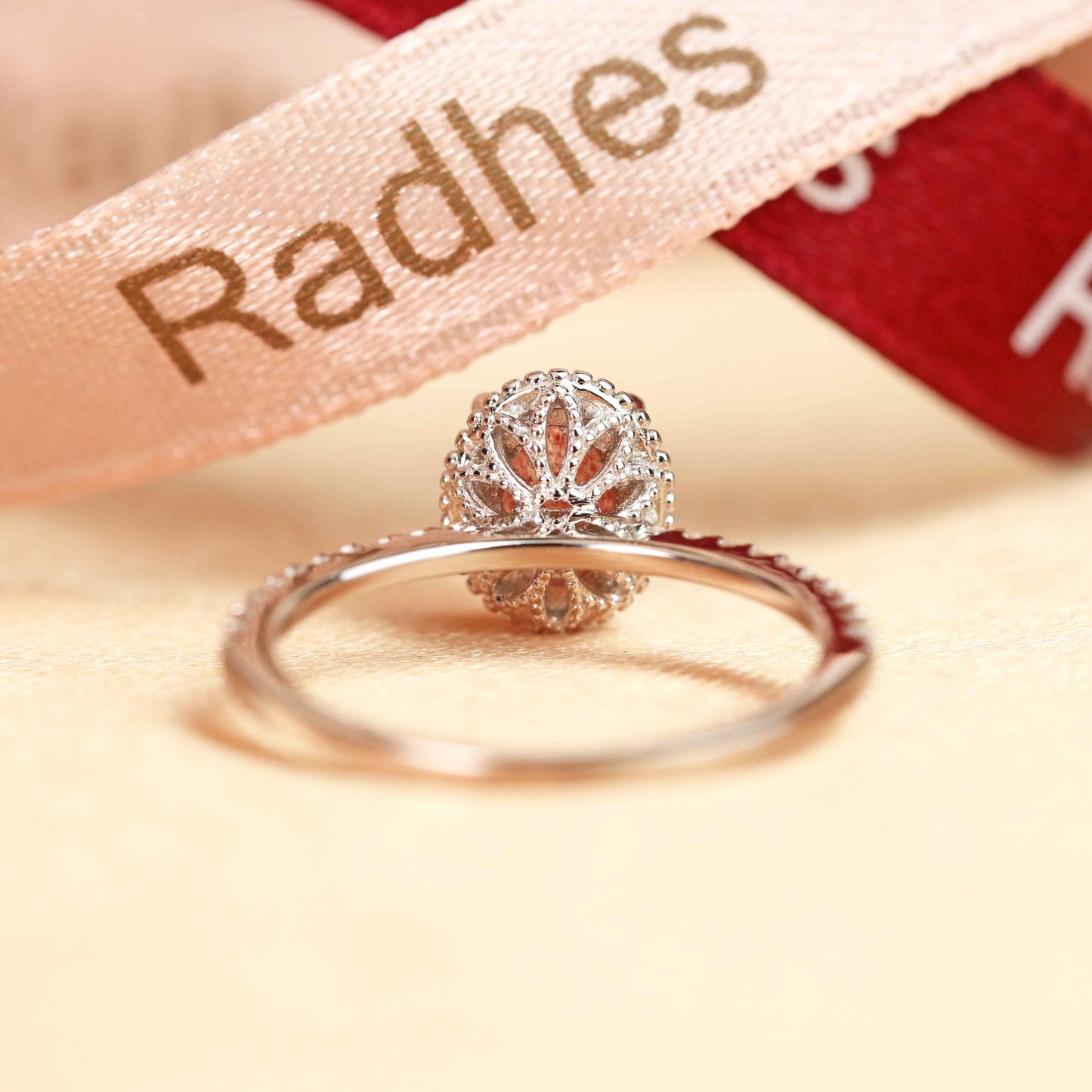 Huge 1.25 carat Oval Cut Red Strawberry Quartz and Diamond Milgrain Bezel Set Engagement Ring in White Gold