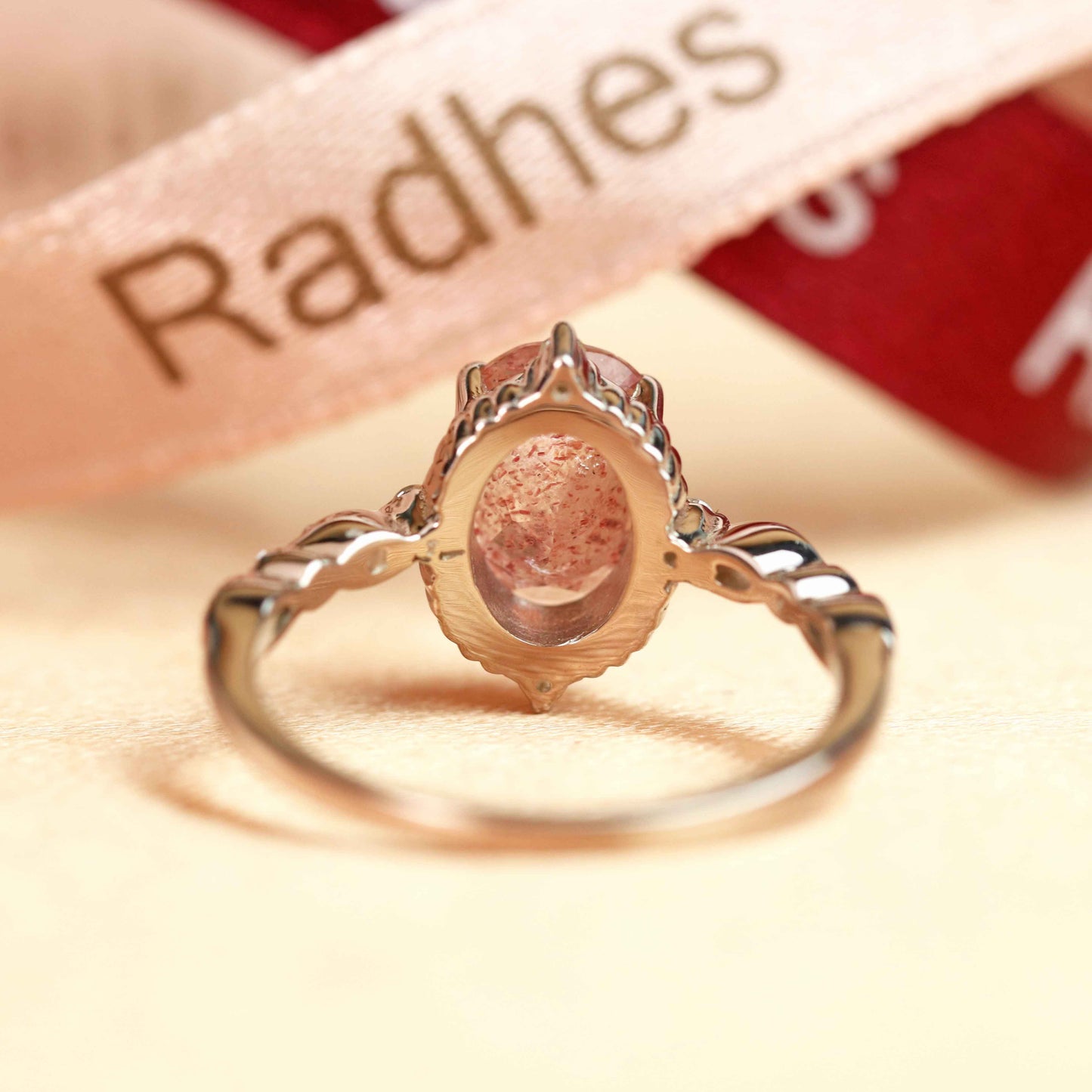 Huge Star 1.1 carat Oval Cut Red Strawberry Quartz and Diamond Marquise and Dot Bezel Ring for Women in White Gold
