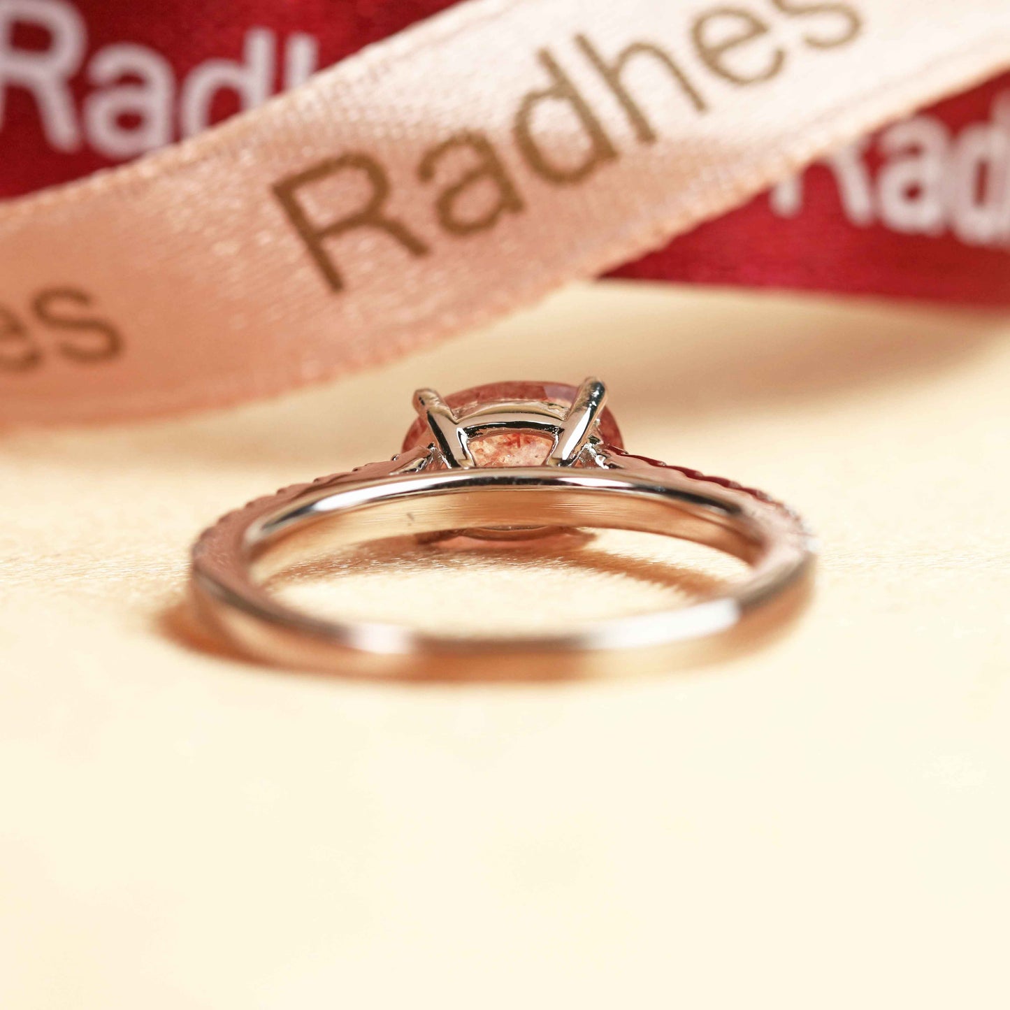 Horizontal 1.25 carat Oval Cut Red Strawberry Quartz and Diamond Semi-pave Solitaire Promise Ring in White Gold