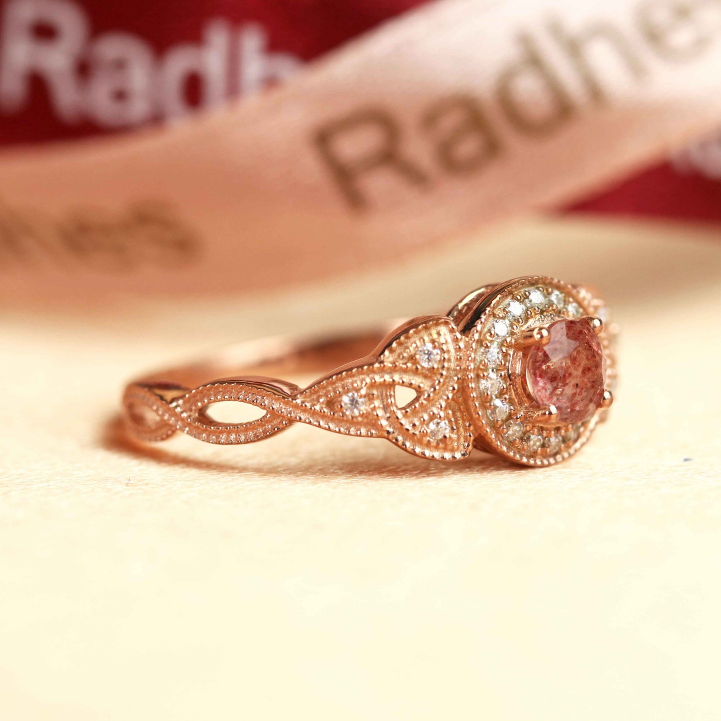 Milgrain Halo 1.25 carat Round Cut Strawberry Quartz and Diamond Trinity Twisted Shank Wedding Ring in Rose Gold